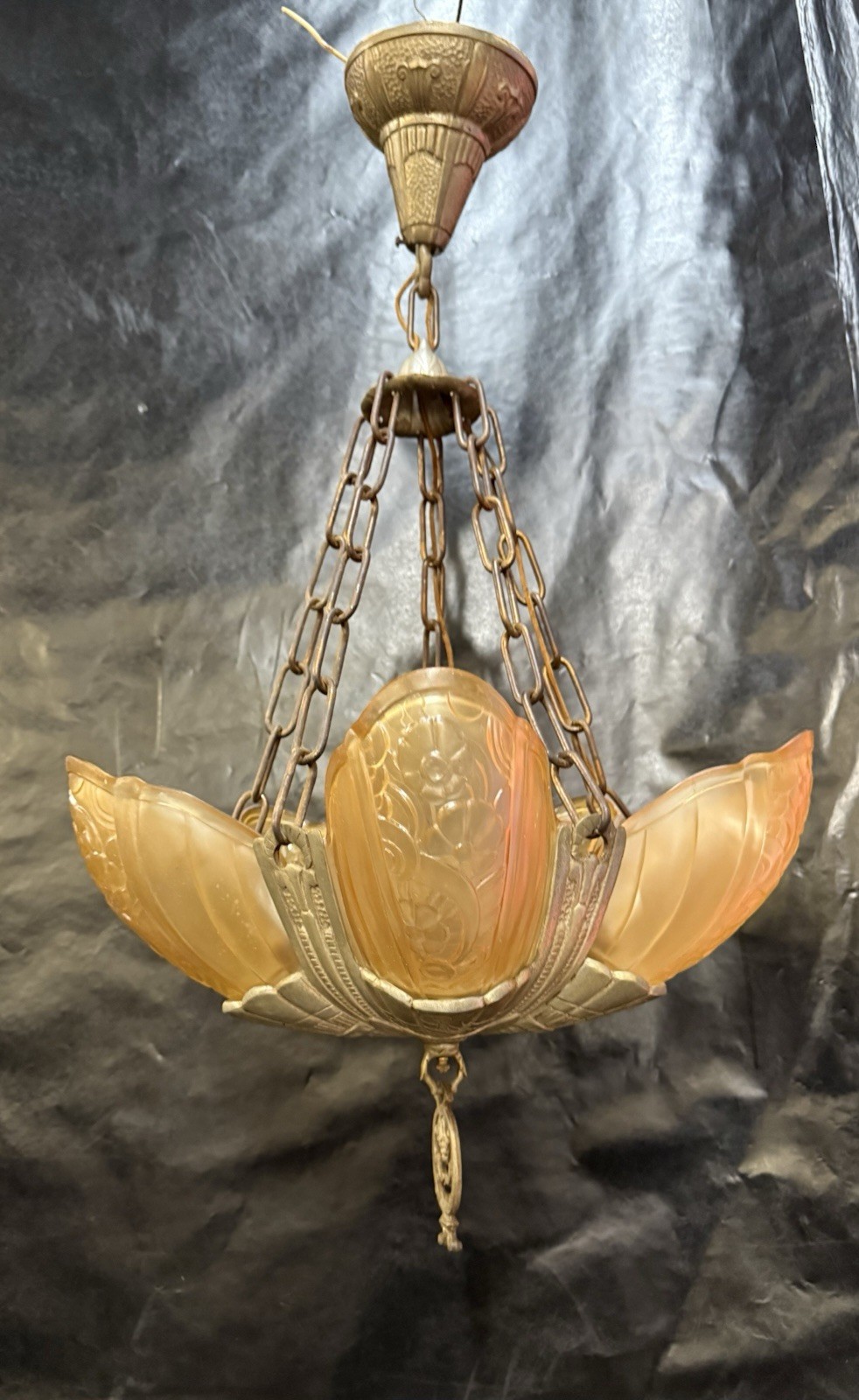 1930s Lincoln Art Deco 5 Light Slip Shade Lincoln Fleurette Chandelier