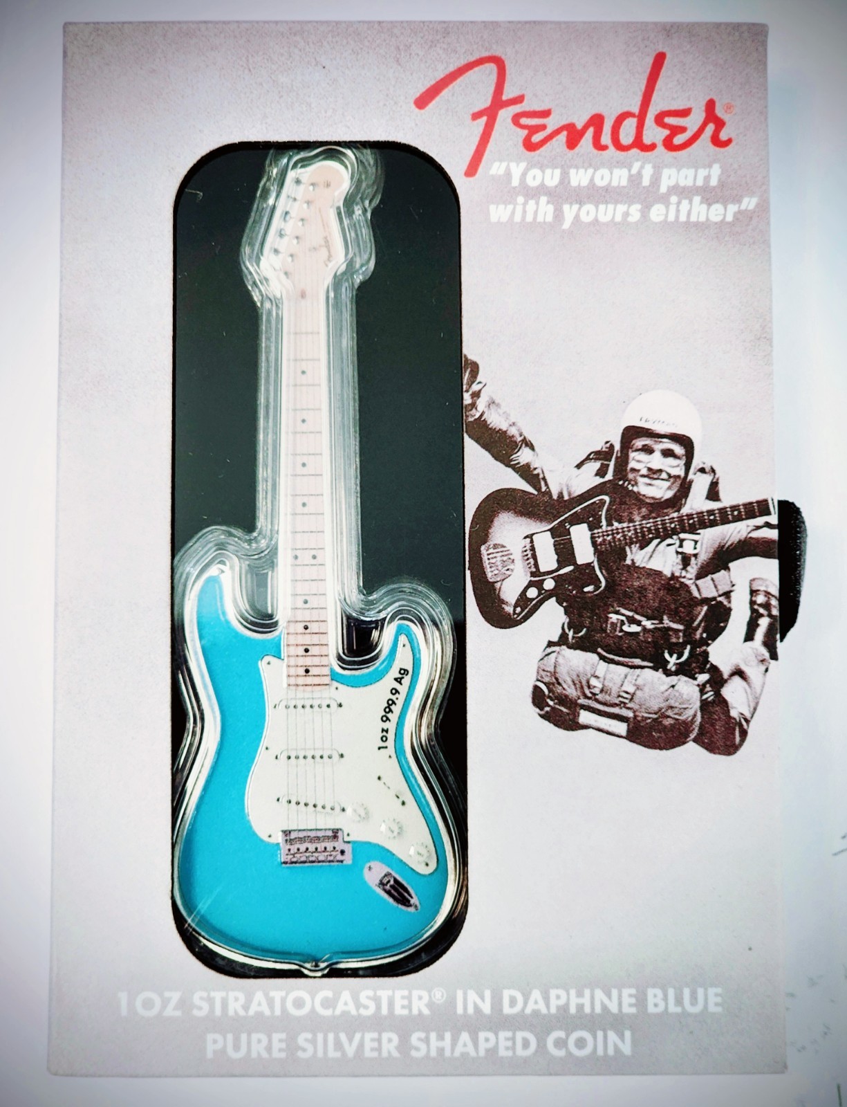 2023 PAMP Fender Guitar Shaped - Daphne Blue-1oz 999.9 Silver Coin Stratocaster 