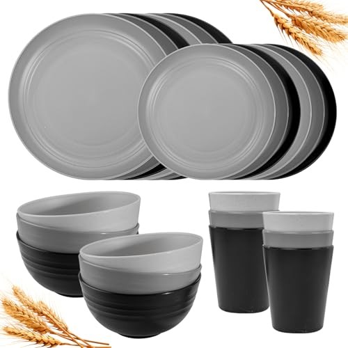  24Pcs Kitchen Plastic Wheat Straw Dinnerware Gray, Light gray, Black