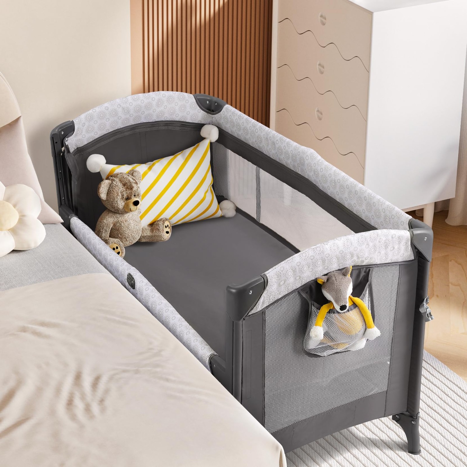 3 in 1 Wide Baby Bassinet with Ajustable Side,2024 All Mesh Bedside Sleeper w...