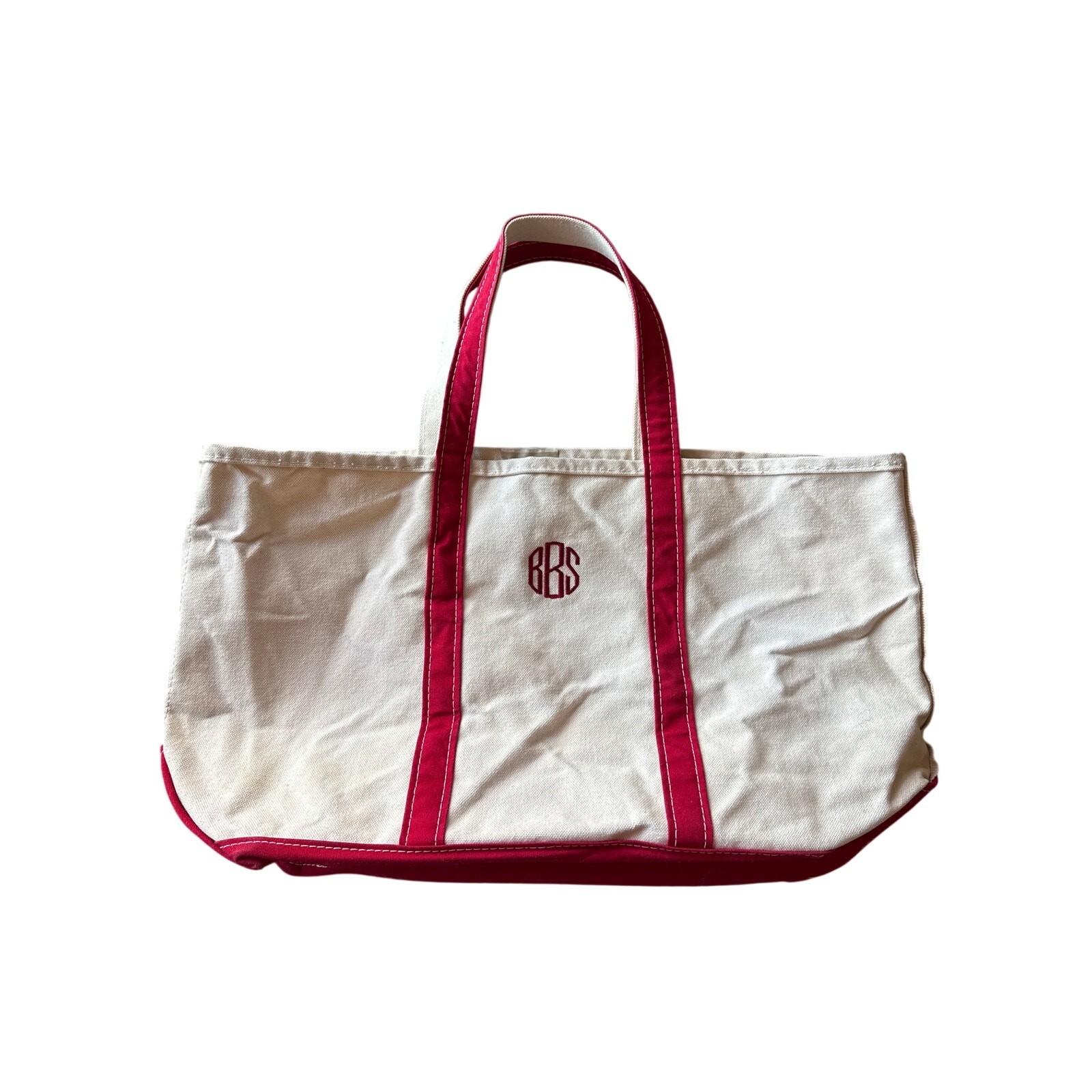 Vtg L.L.Bean Boat and Tote USA Made Heavy Canvas 22x14 Red Straps BBS Embroidery