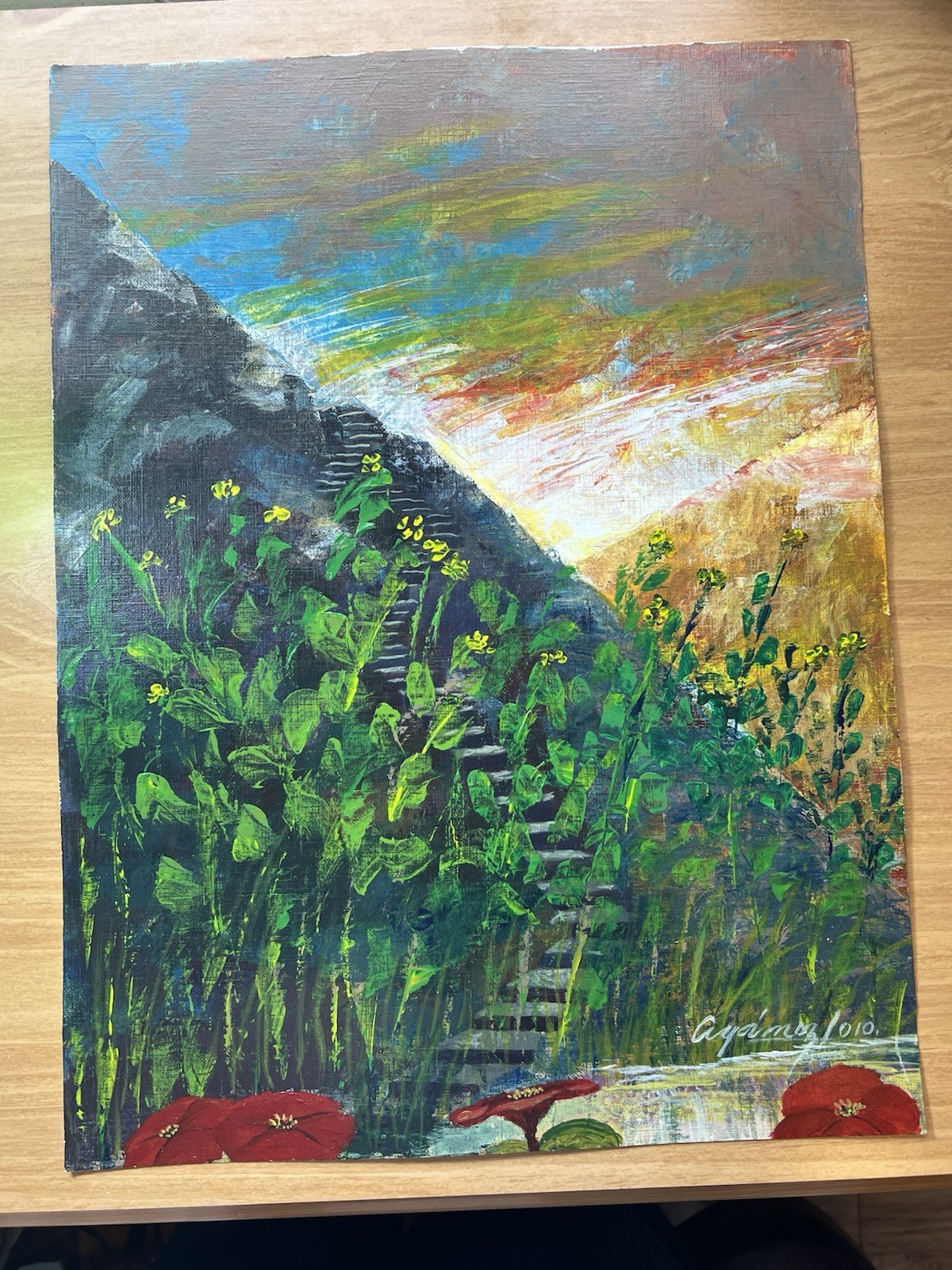 Oil Print On Paper Original  Steps Going Up Mountain Flowers Sky Signed 12”x16”