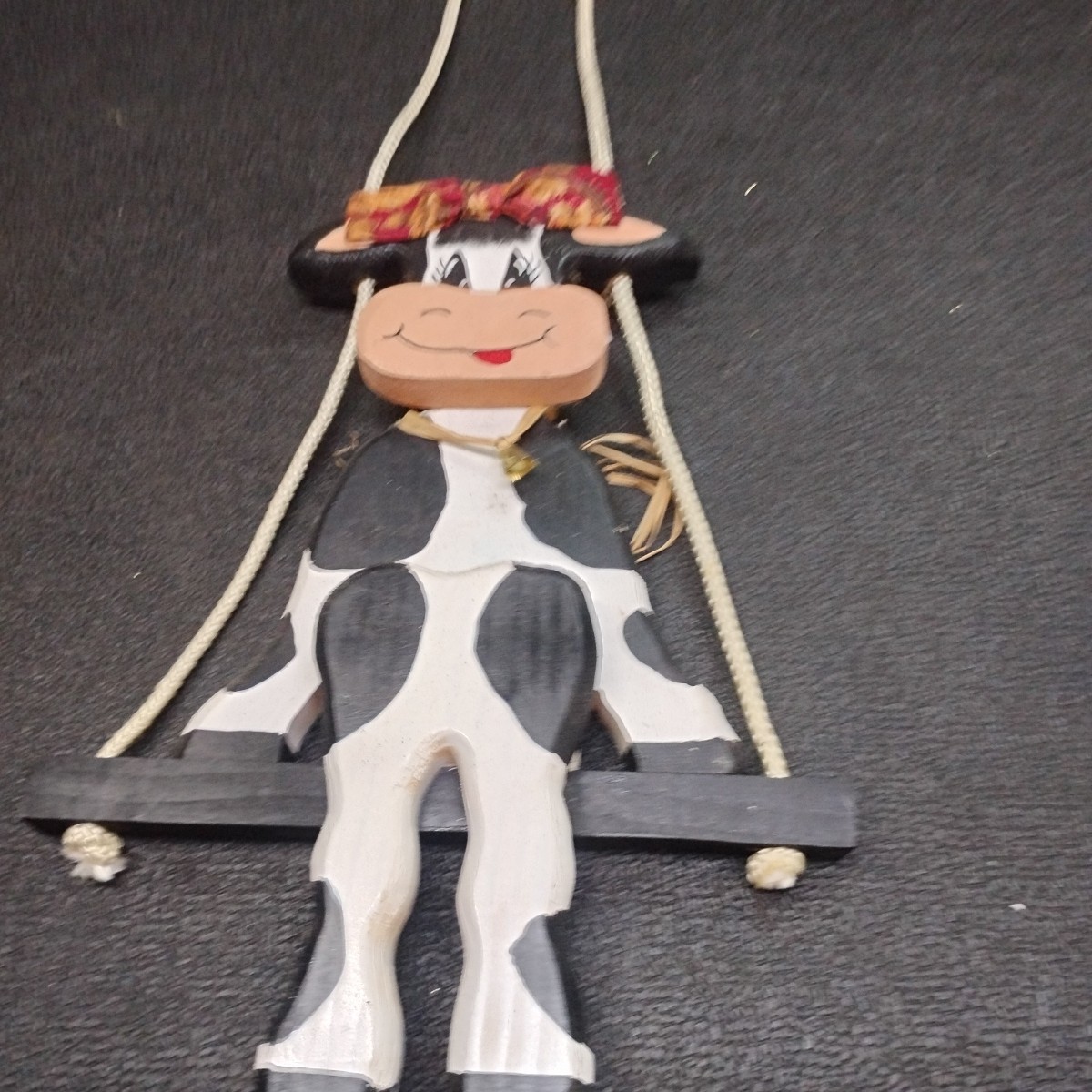 Vintage 20" Wood Holstein Cow Tree Swing Hanging Decor