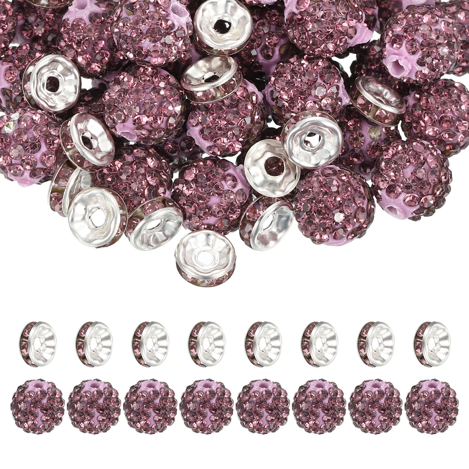 120Pcs Rhinestone Beads, 10mm Bead/8mm Crystal Spacer (Light Purple)