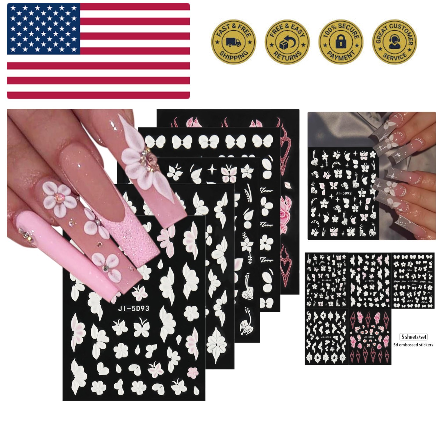 5D Embossed White Flowers Nail Stickers, 5 Sheets Self-Adhesive Floral Nail D...