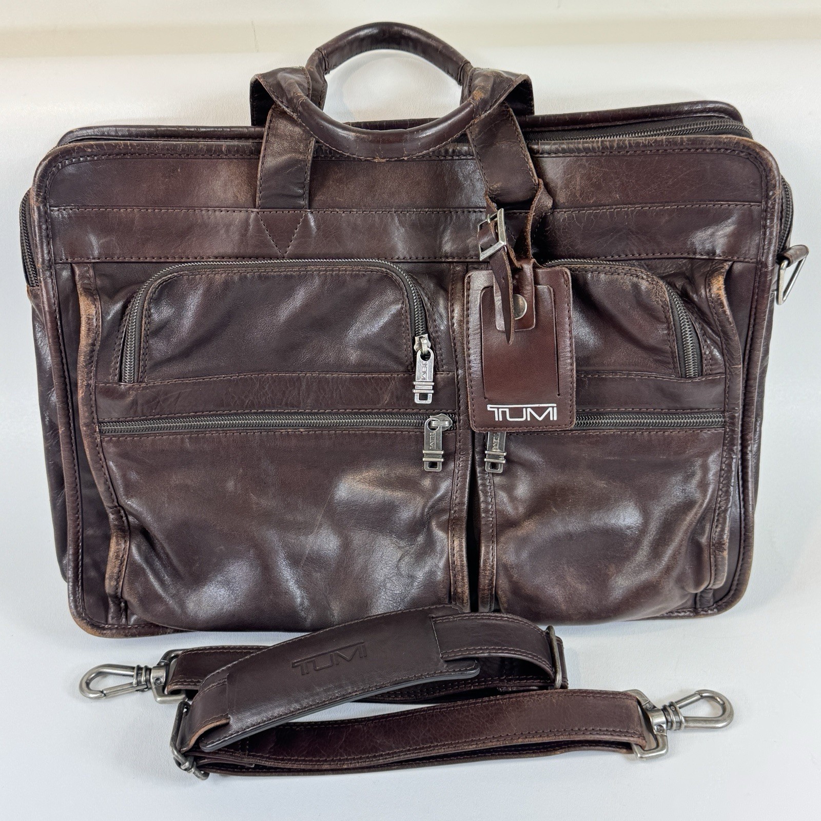 Vtg Tumi Alpha Expandable Organizer Brown Leather Laptop Briefcase w/ Strap