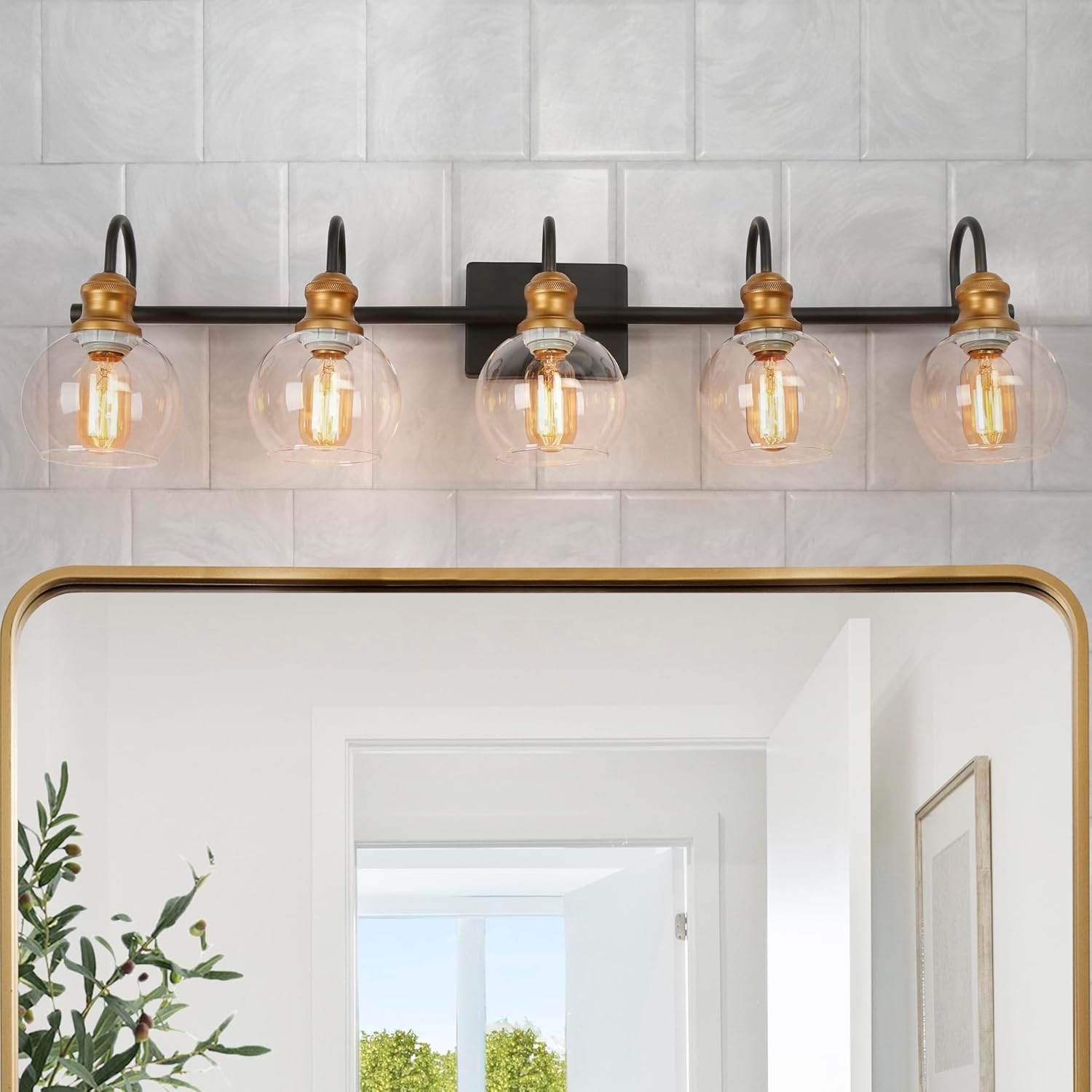 Bathroom Light Fixtures, 5-Light Large Black and Gold Vanity Lights for Bathroom