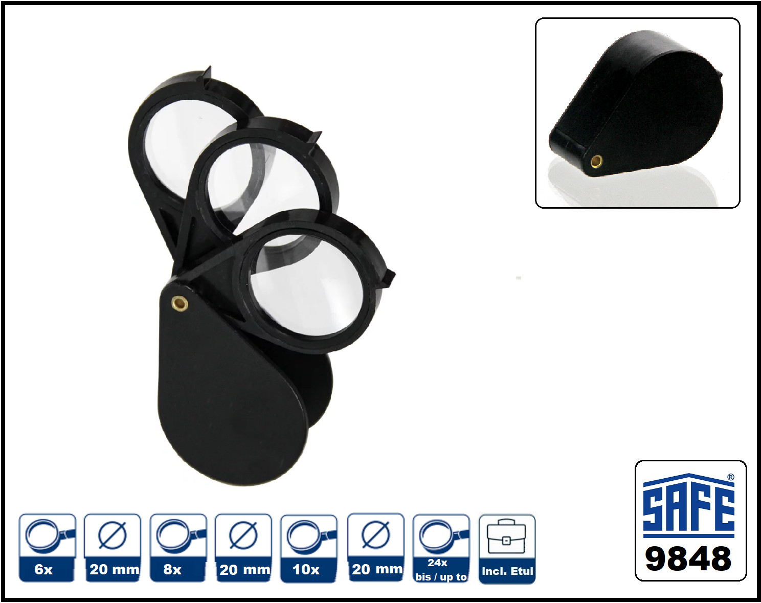 Safe 9848 Triple Magnifier Lens Approximately 20Mm 6X 8X 10X Combo 24 Fold