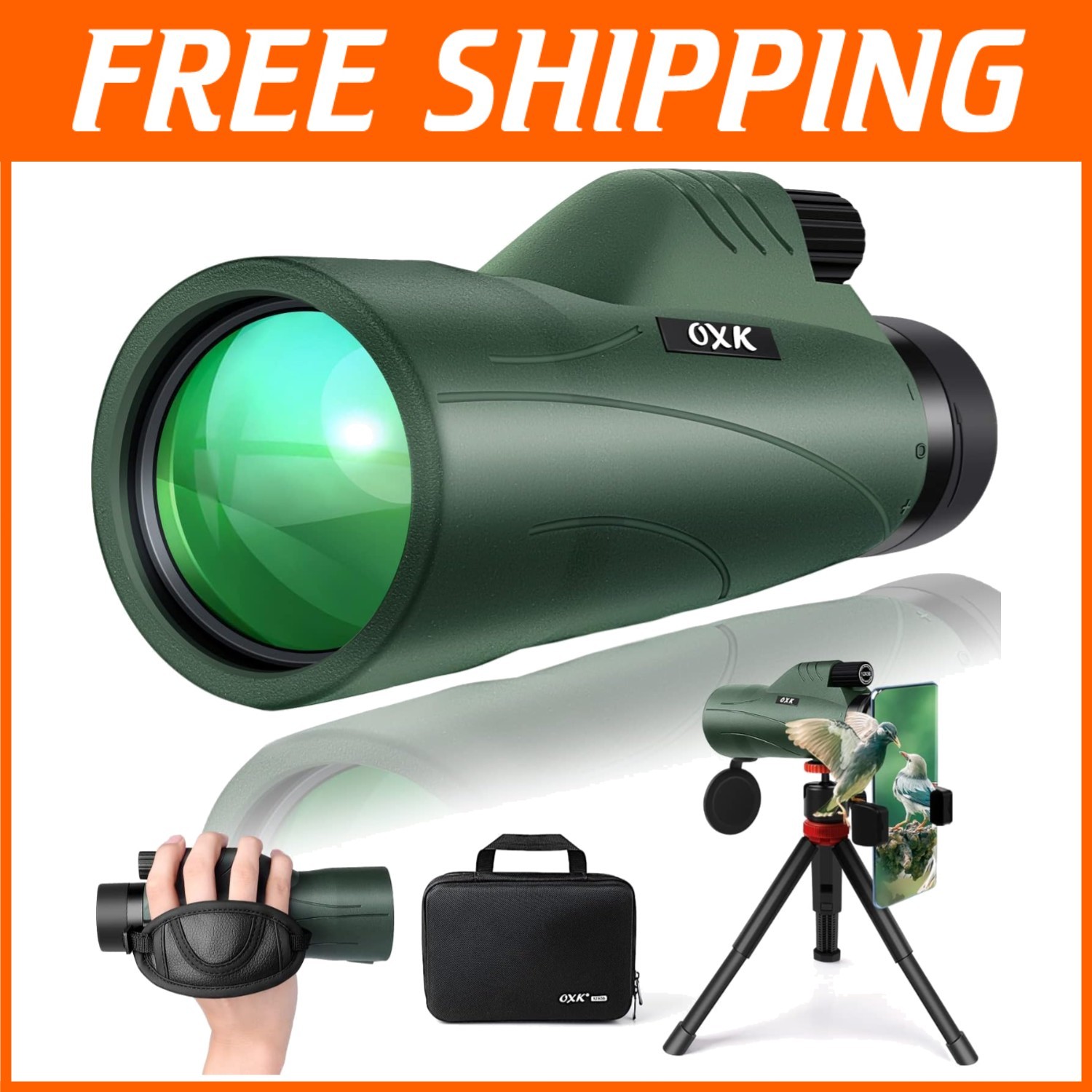 Wide Angle 12x Monocular for Bird Watching, Hunting - Green
