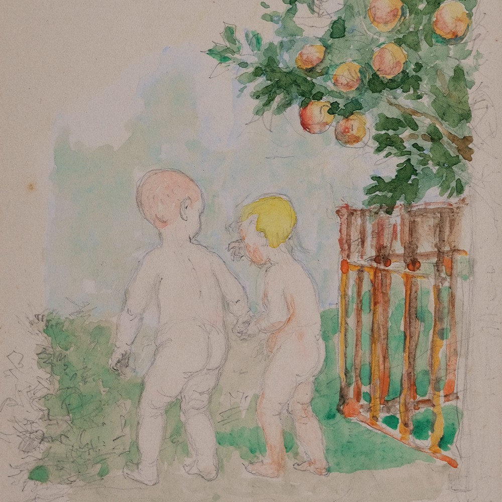 Children's Couple in Garden Unsigned Watercolour 1897