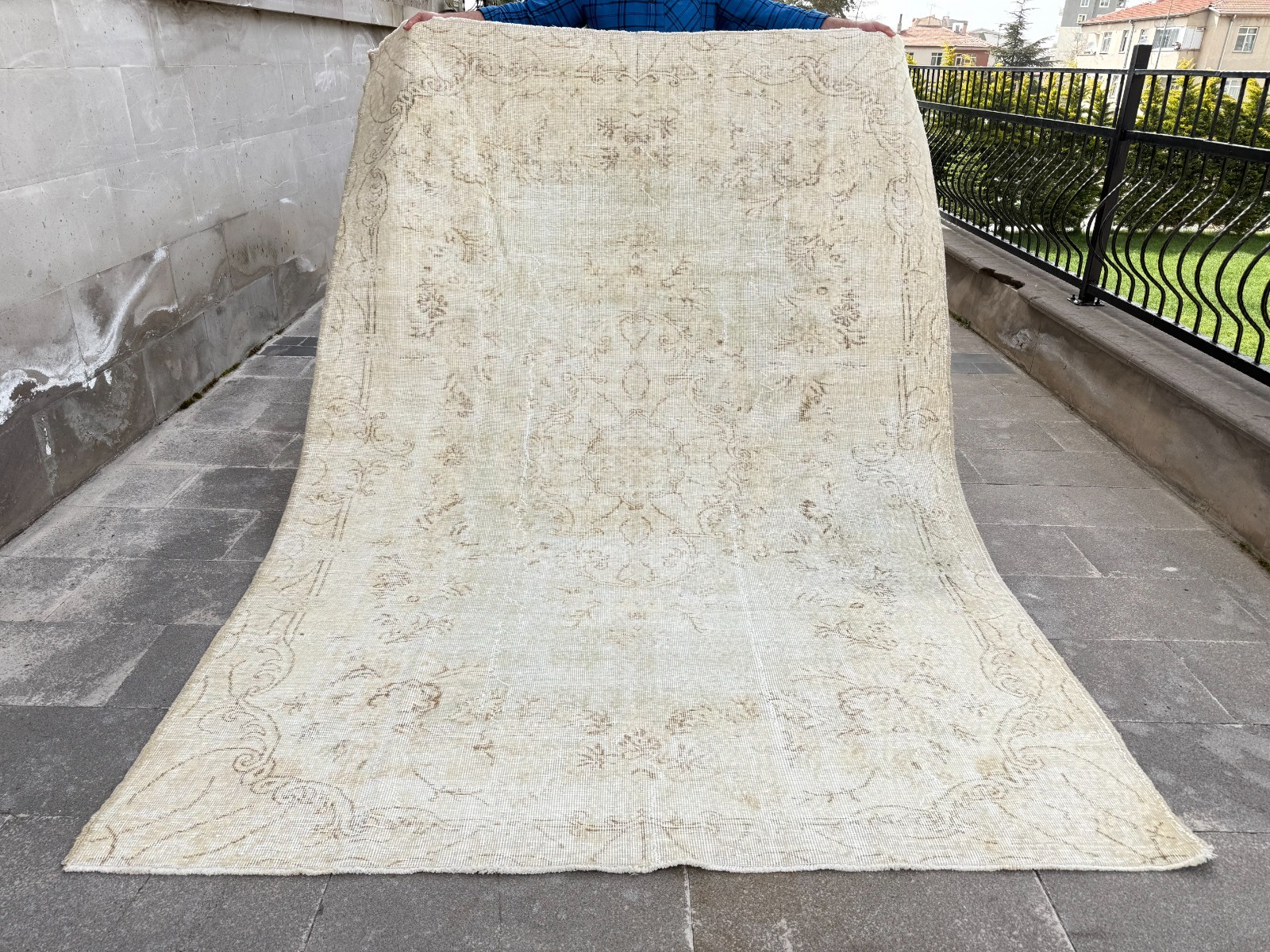 6.4x9.1 Vintage Turkish Rug Ivory Cream Oushak Distressed