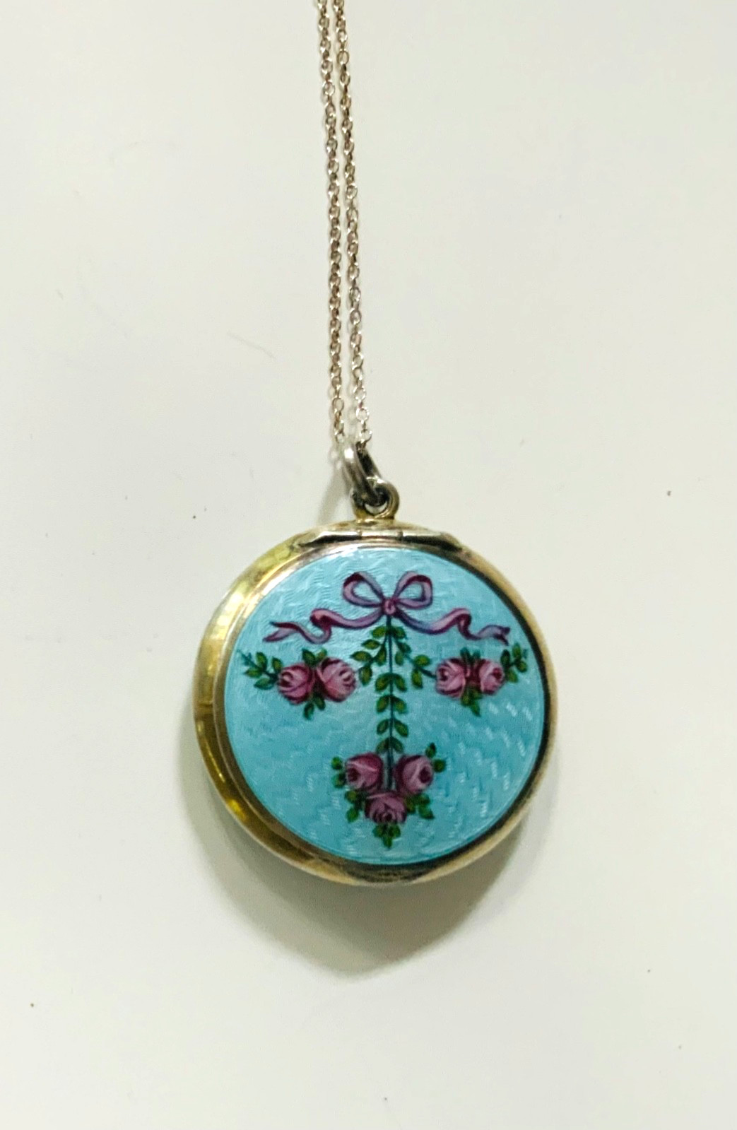 STUNNING Antique STERLING ENAMEL GUILLOCHE LOCKET w HP ROSES & BOW