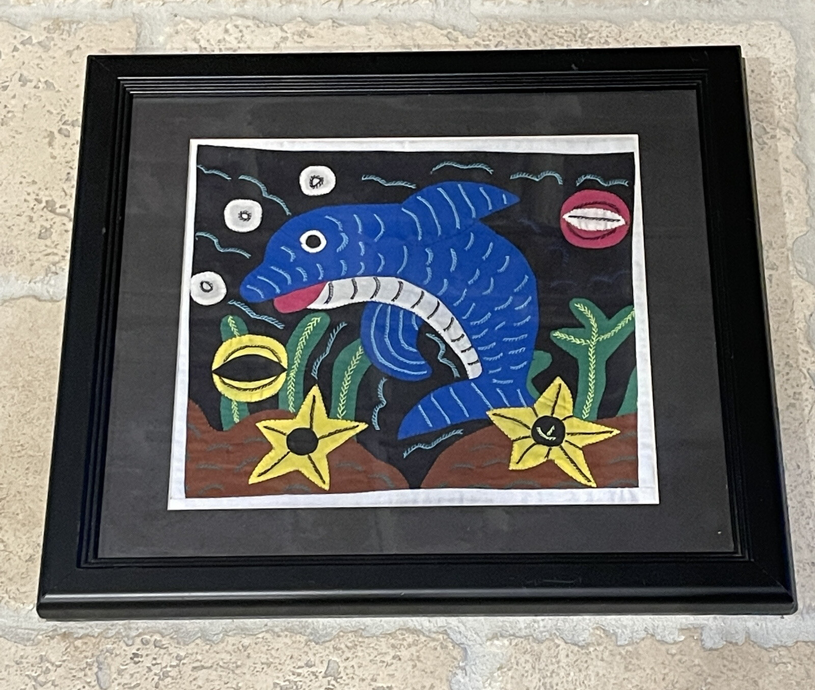 Vintage Applique Dolphin Mola by Kuna Indians 16x14 Inch Panama Framed Textile