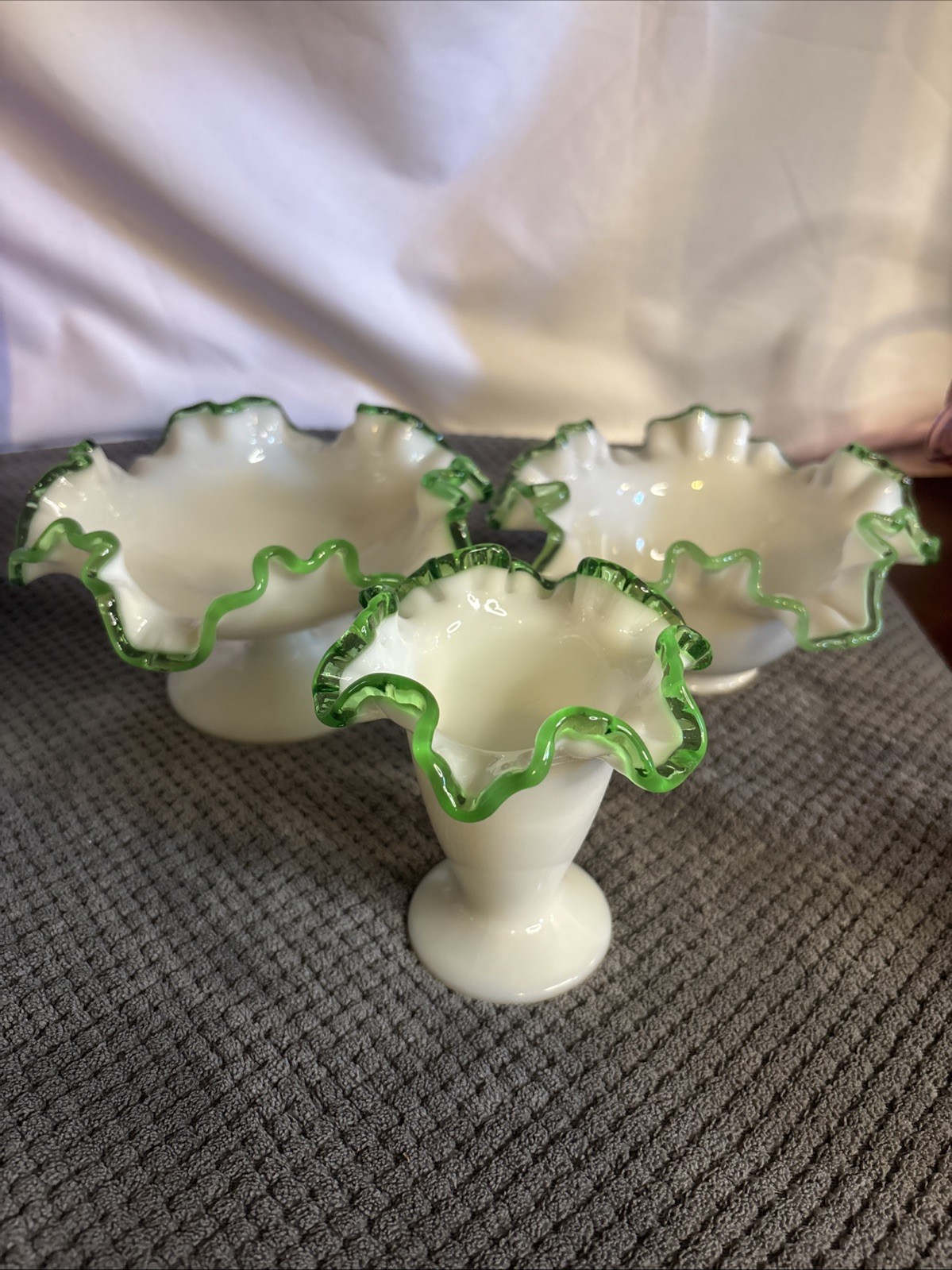 Vintage Fenton Emerald Crest Milk Glass Ruffled 3 Piece Set: Compote Bowls/ Vase