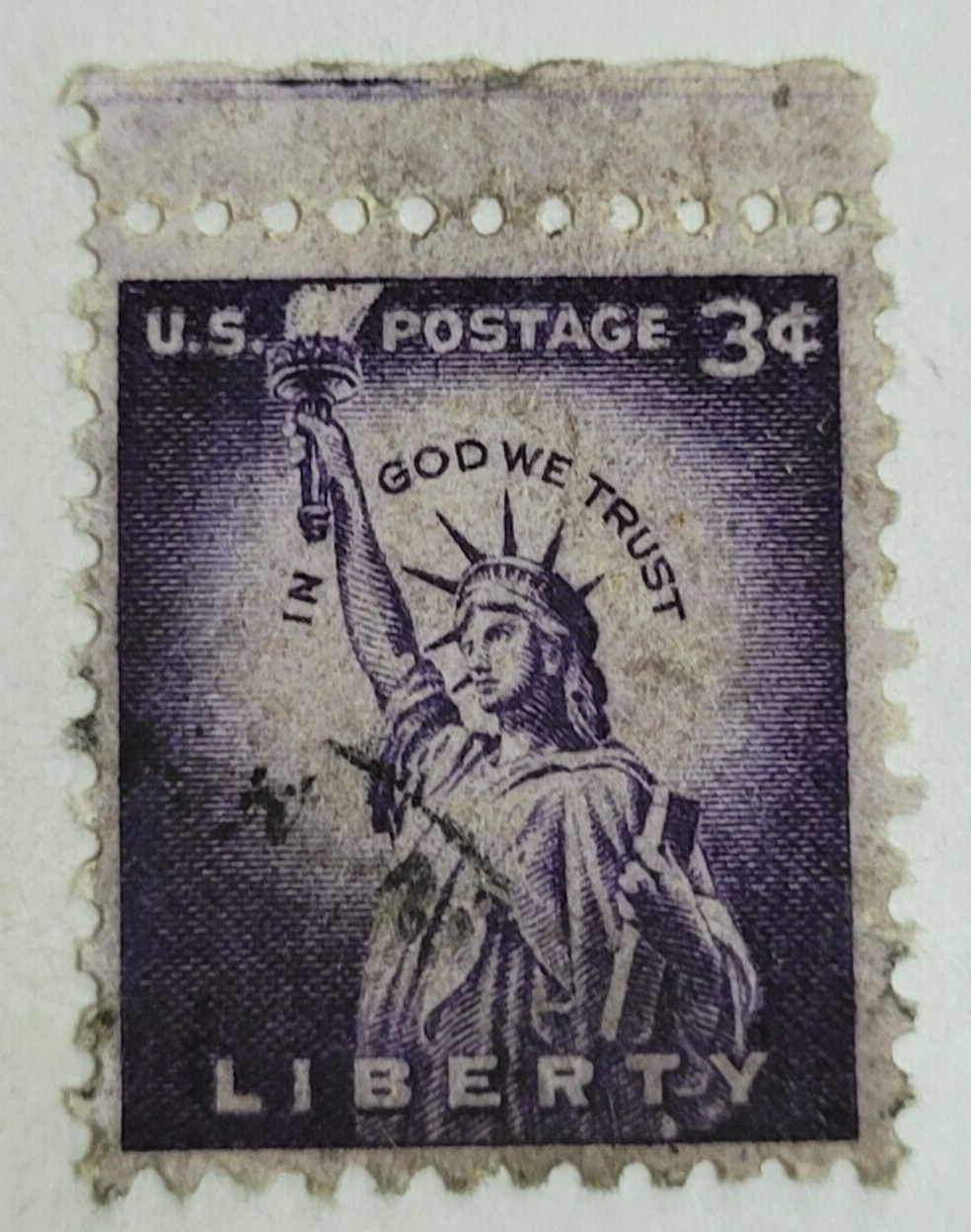 U.S. Postage Stamp ~ Statue of Liberty ~ Cancelled/Posted ~ 3¢ Purple Stamp - 48