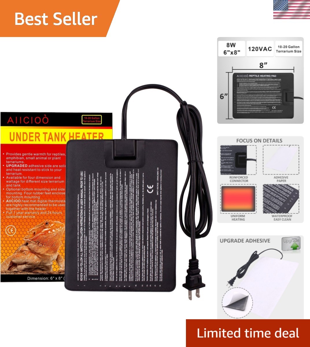 Efficient Reptile Heating Pad with Integrated Thermostat - 8W for All Species