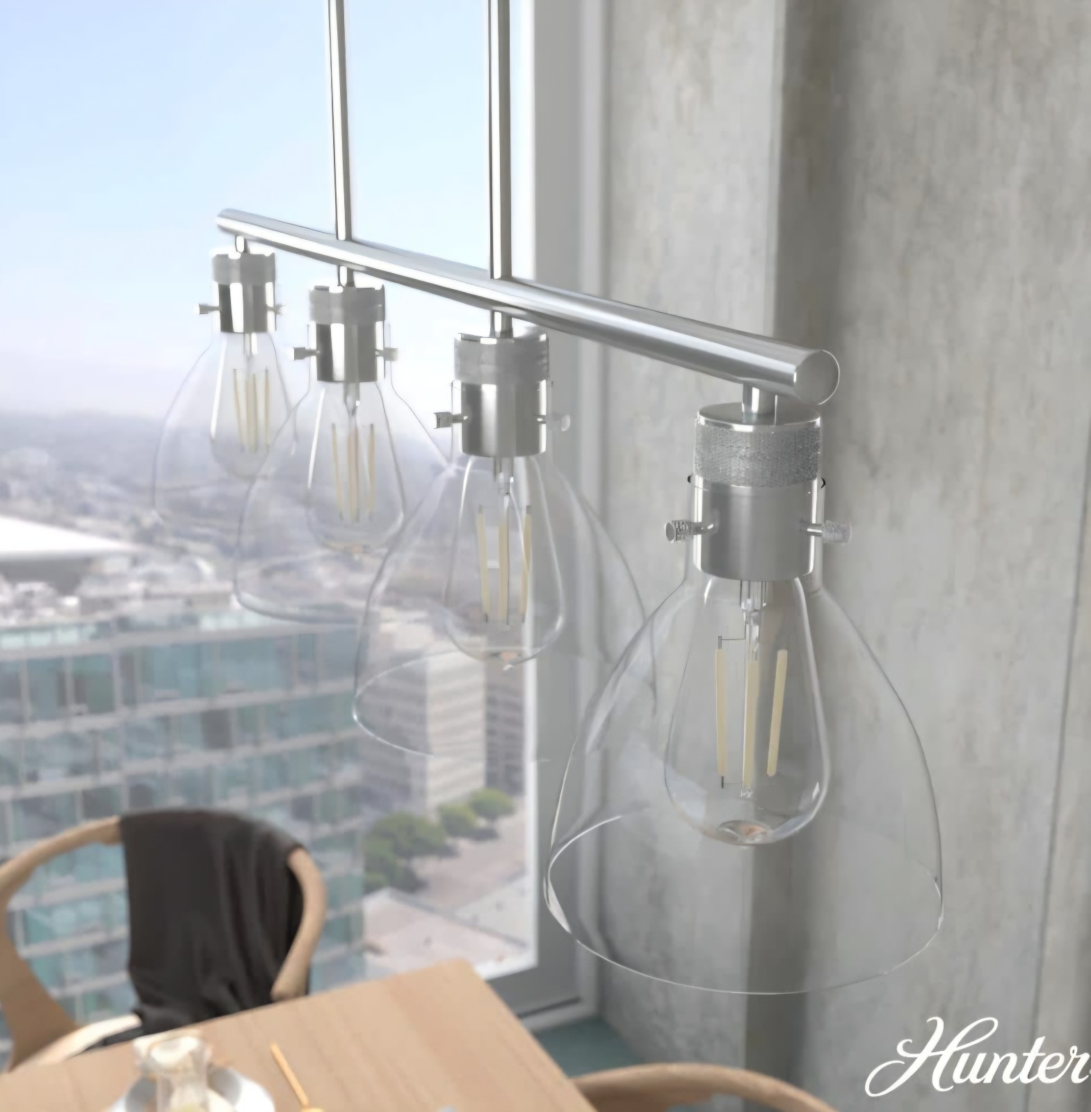 Hunter Van Nuys 4-Light Brushed Linear Chandelier Clear Glass New 48038