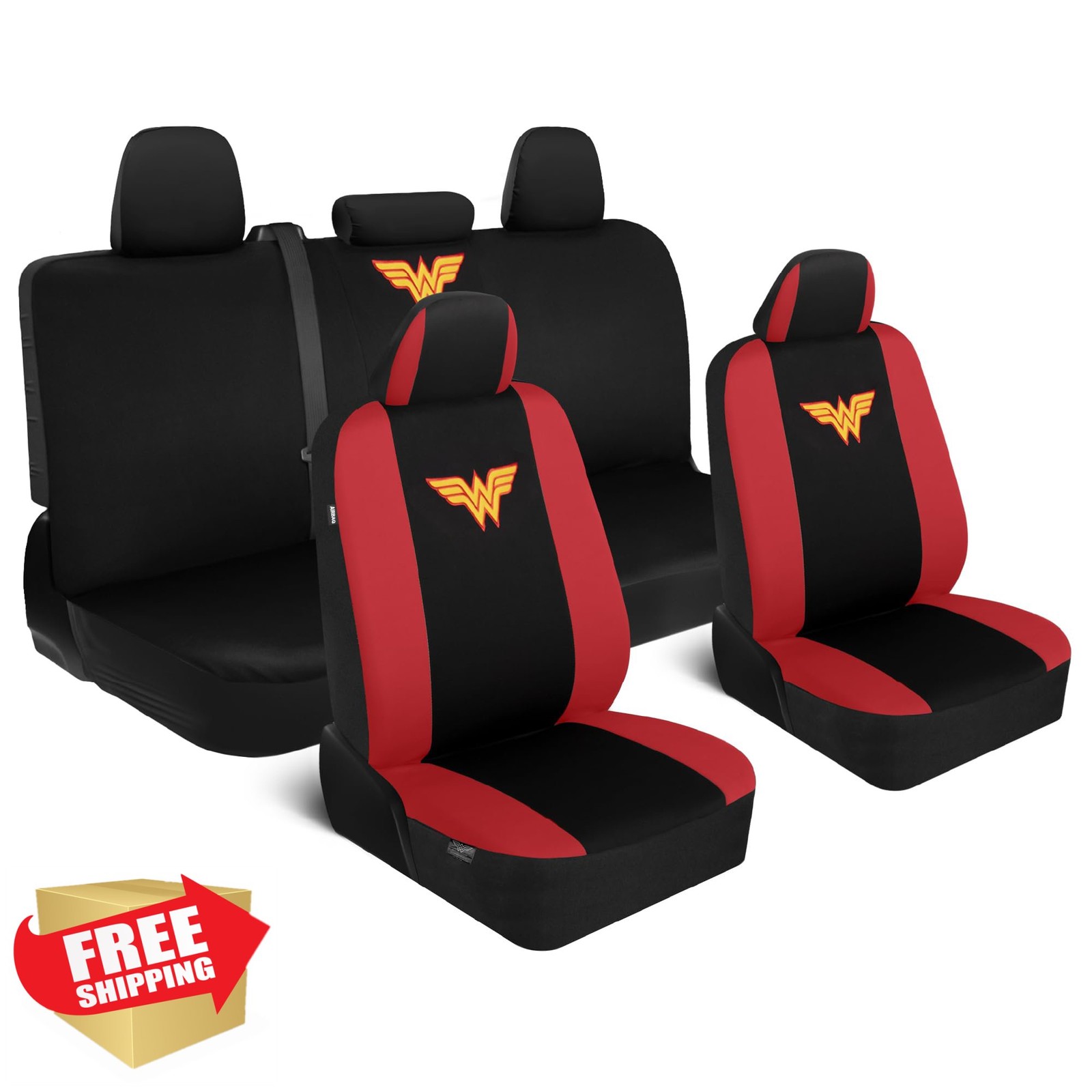 BDK Wonder Woman Seat Covers Black Red 9 Pc Polyester Universal Fit
