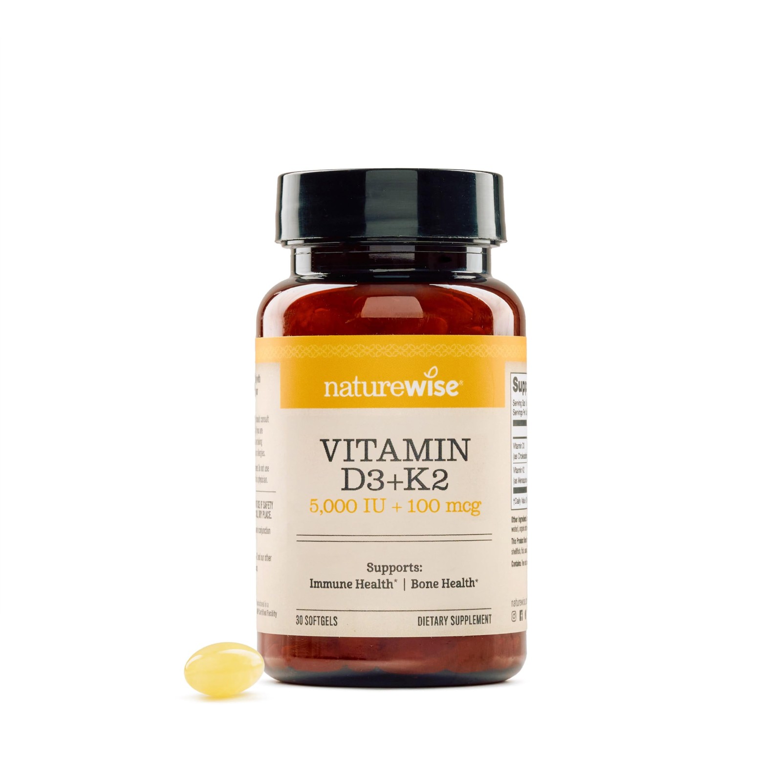 NatureWise Vitamin D3 5000IU + K2 (MK7) 100mcg 30 Count (Pack of 1), Yellow 