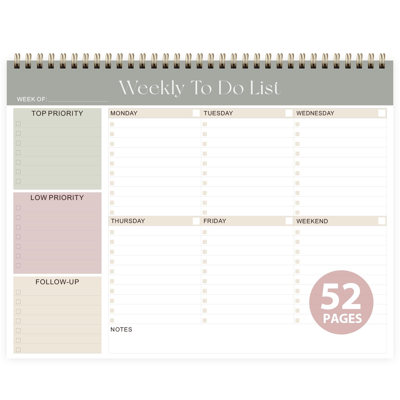 Weekly To Do List Notepad, Undated Planner with 52 8.5"x11"(Undated）, A-Green 