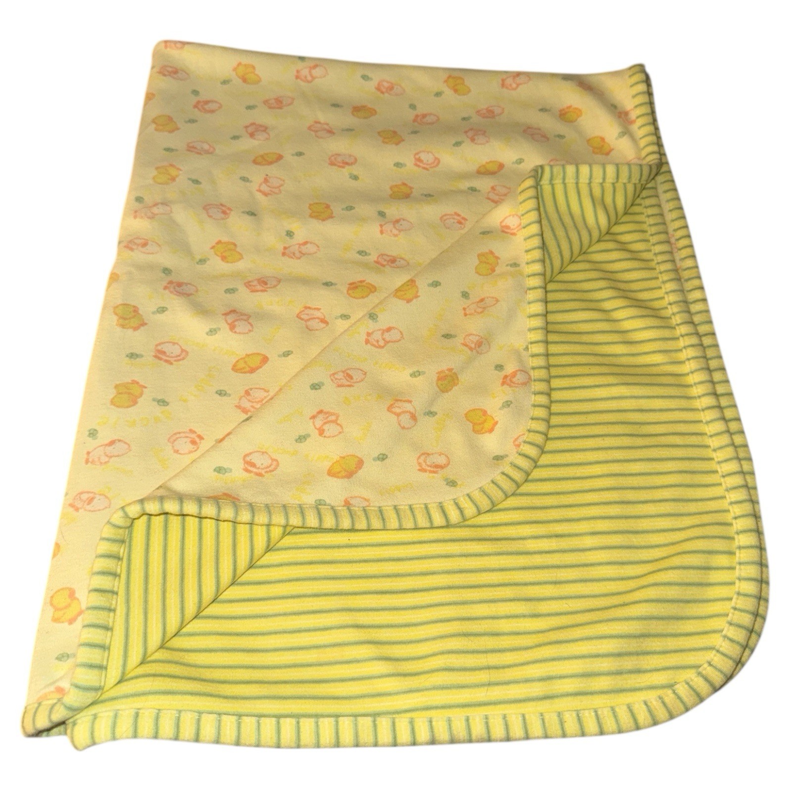Tykes Carters Duck Turtle Reversible Striped Baby Blanket Yellow Green 30x40