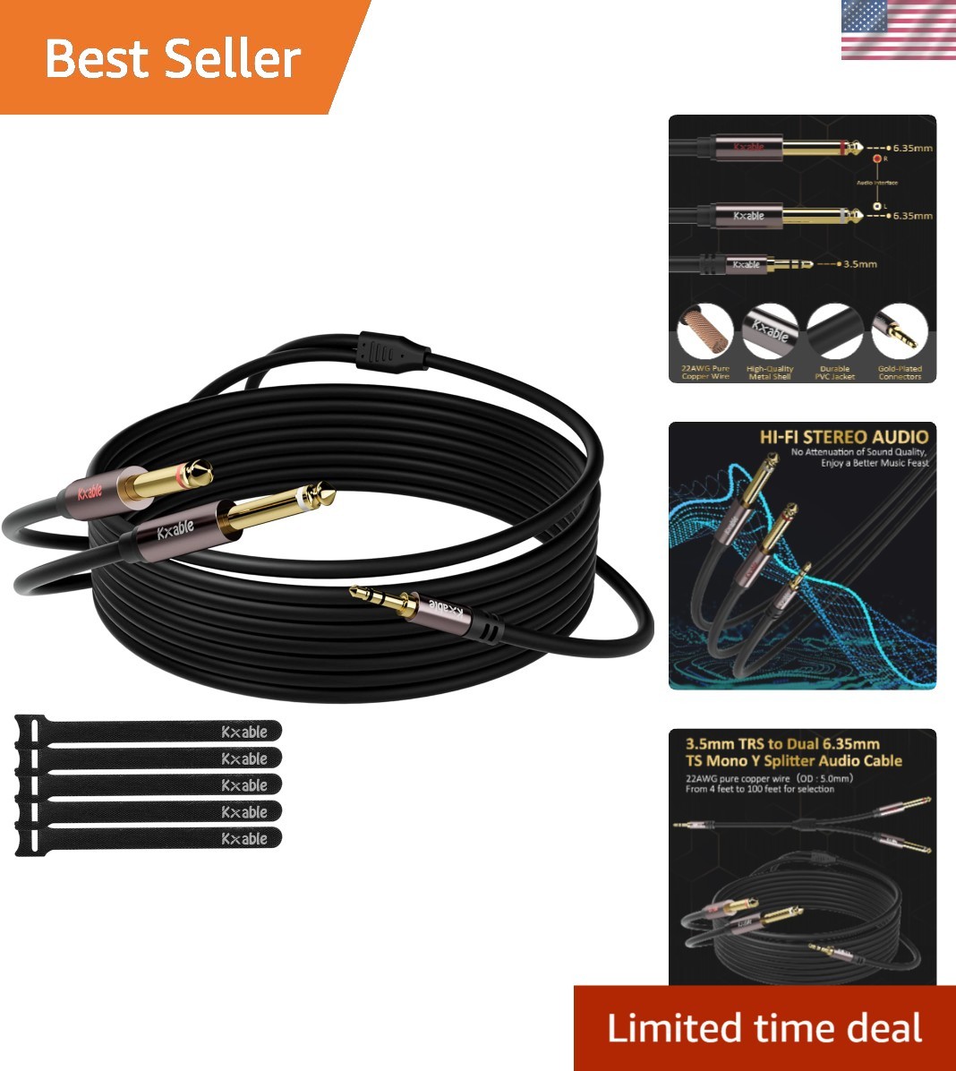 1/8 to Dual 1/4 Stereo Cable 100 Feet, 3.5mm TRS to 2 x 6.35mm TS Mono Y Spli...