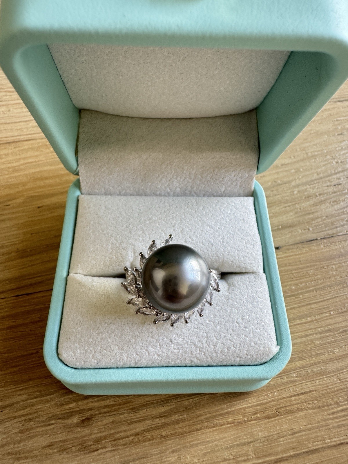 Rare 13.1mm Platinum Gray Tahitian Pearl Ring Adjustable Size Silver Zircon