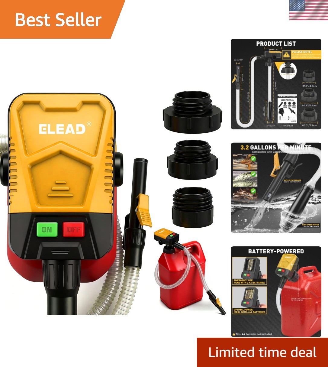 Battery-Powered Fuel Transfer Pump - 3.2 GPM No Spill Portable Gas Can siphon...