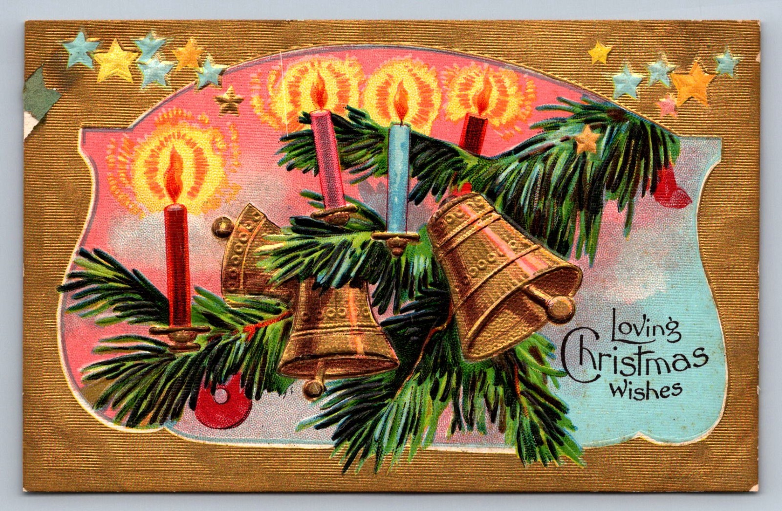 Postcard Loving Christmas Wishes Gold Bells Candles Fir Bough New Oxford PA O687