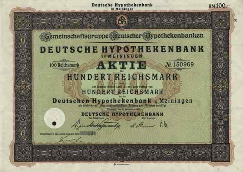Deutsche Hypothekenbank 1930 Meiningen Thuringia Weimar Bremen Frankfurt 100 RM