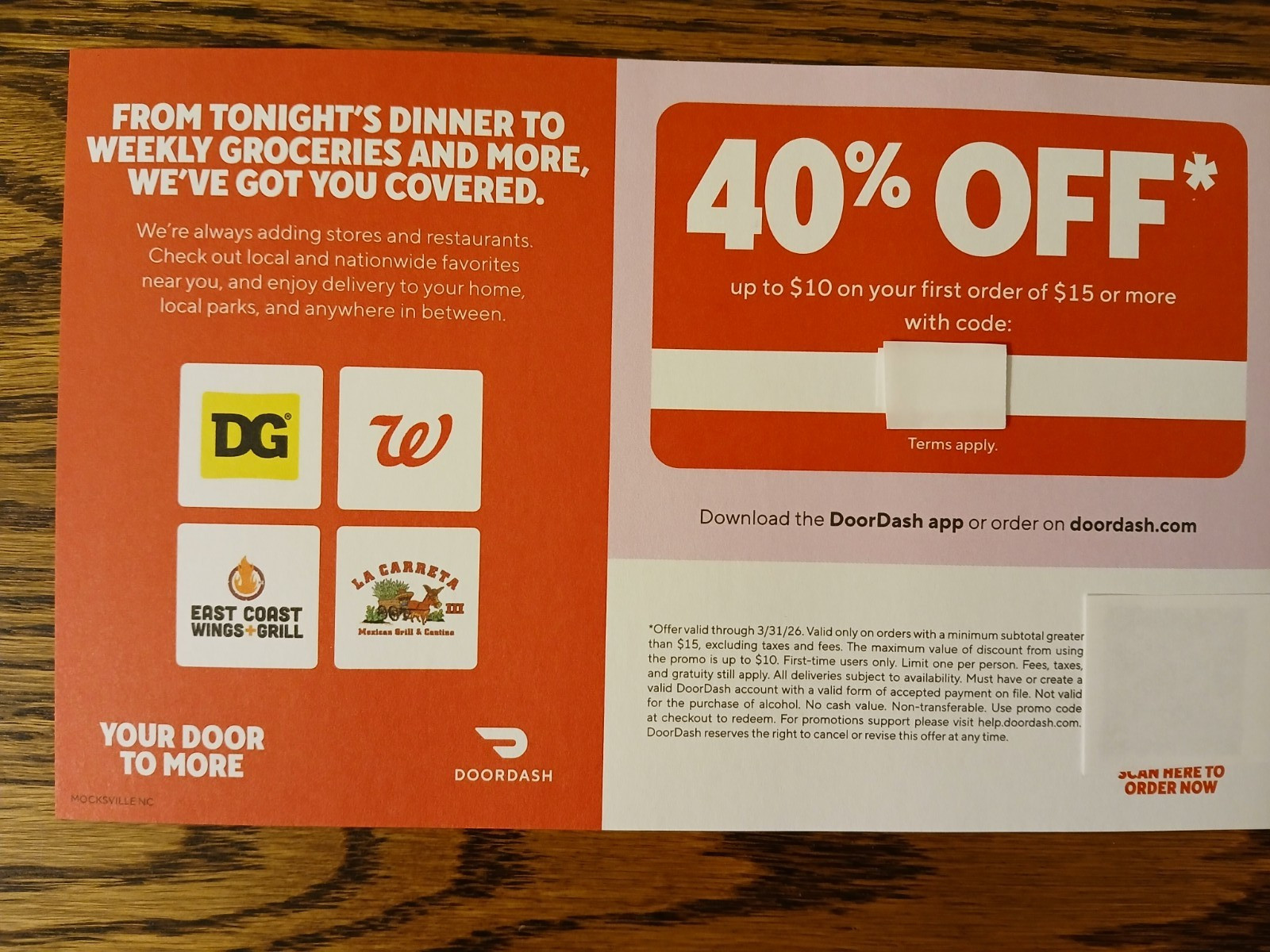 DoorDash 40% OFF up to $10 on first order of $15 Expires 03/31/26