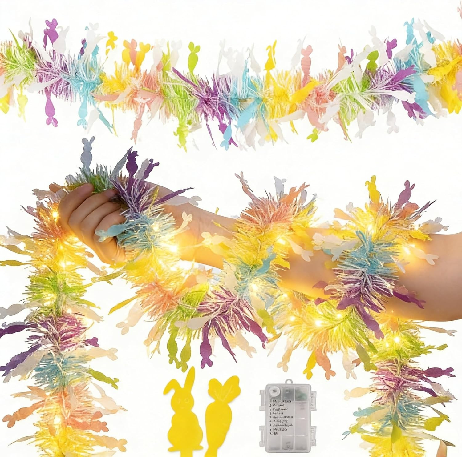 33Ft Easter Tinsel Garland with Lights - 8 Modes Lighted Tinsel Twist Garland wi