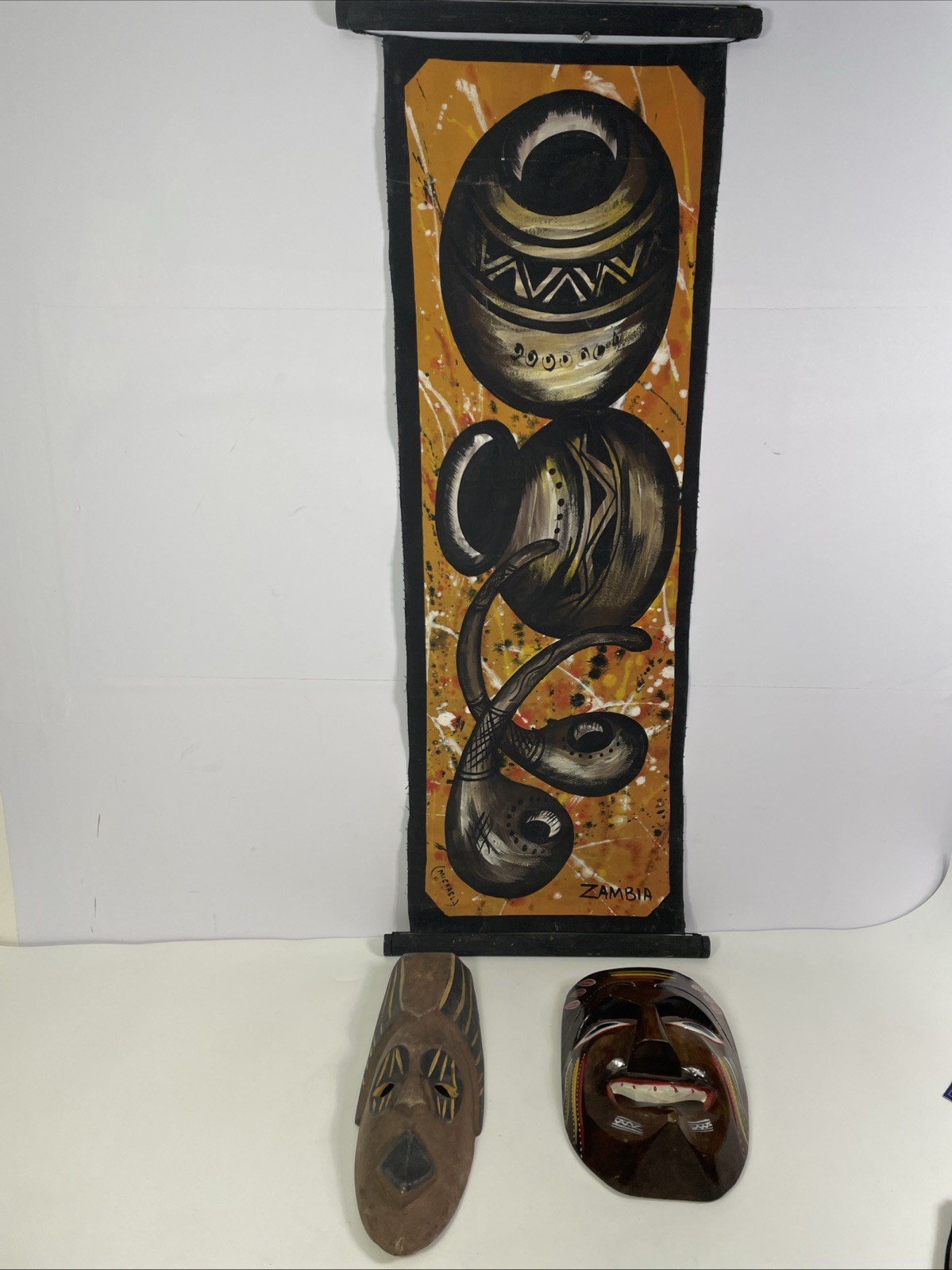 Assorted Tribal Wooden Pieces Mask Wall Hanging Lot 2 Masks & Painting Roll