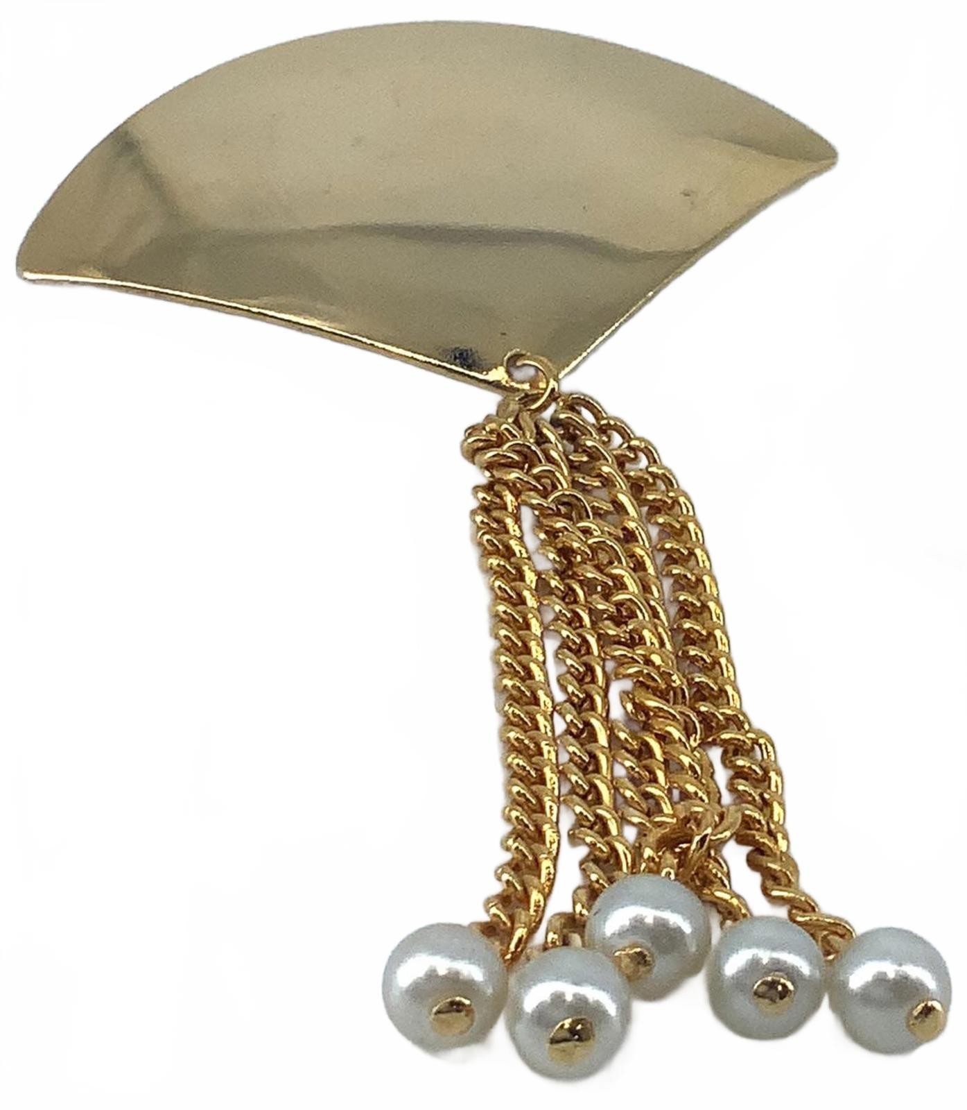 Vintage Gold Tone Faux Pearl Tassel Fan Brooch Modernist Fringe Lapel Pin