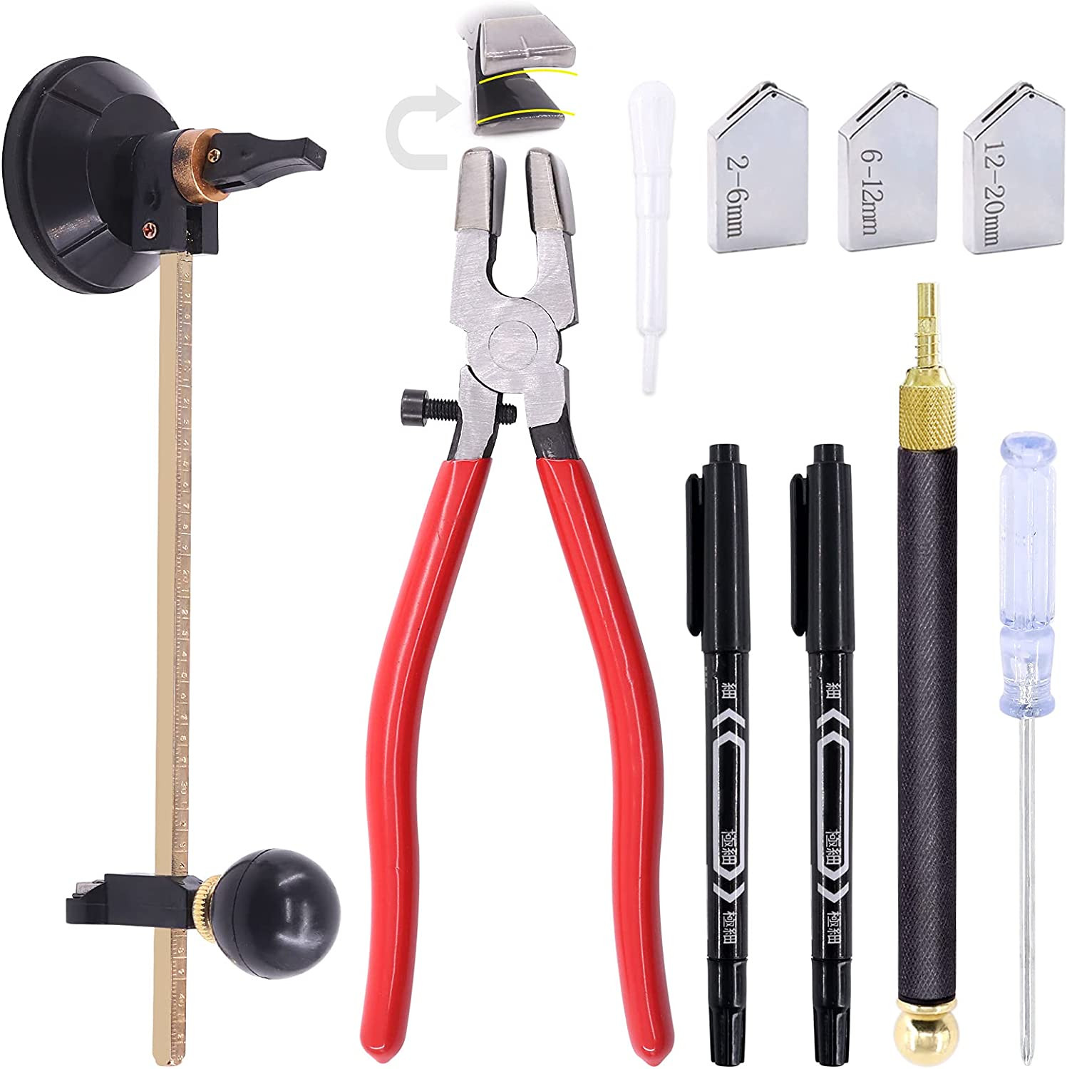 9 Pcs Glass Cutting Tool Set Kit Includes Adjustable Circular Glass Cutter, G...