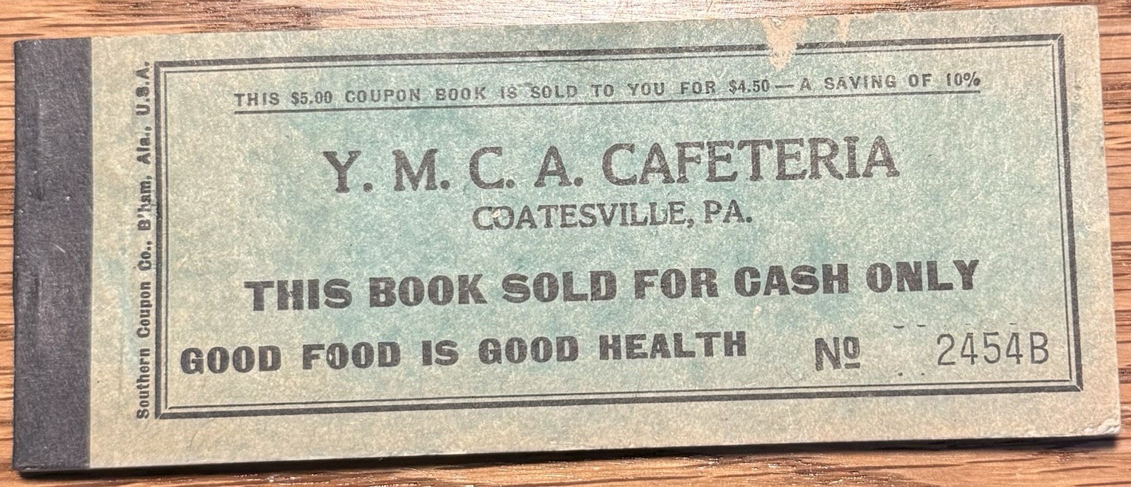 1940 Coatesville Pa, Y. M. C. A. Cafeteria $5.00 Coupon Book, Chester County