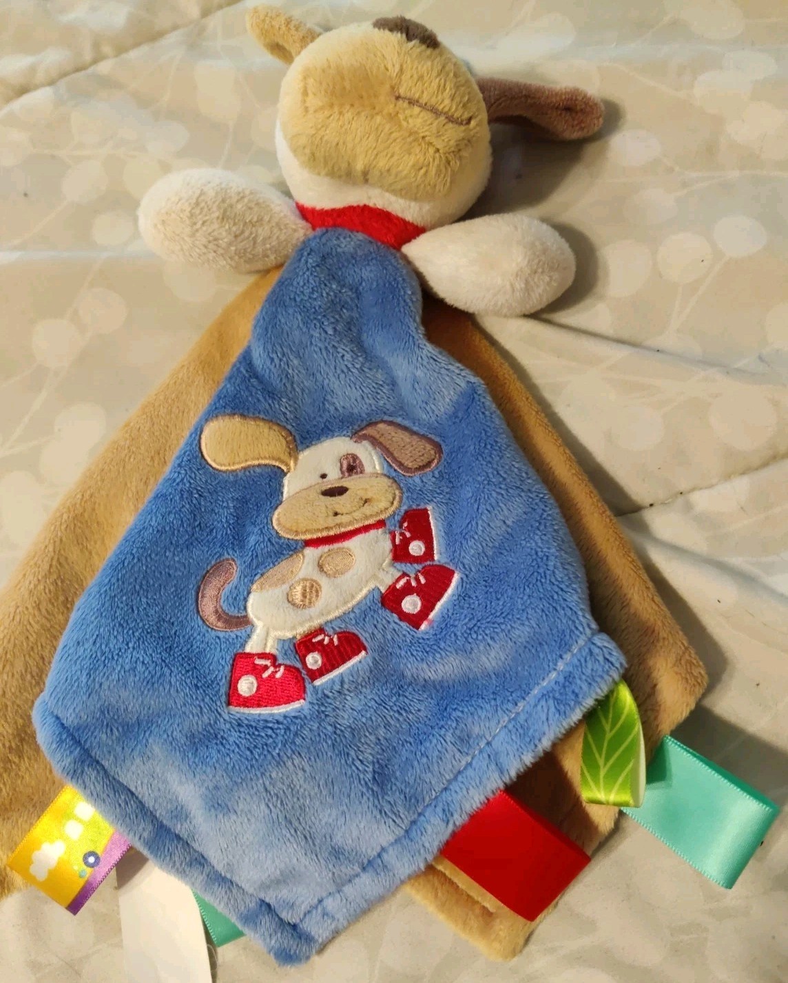 Taggies Puppy Dog Security Blanket Baby Lovey Blue Brown Red Shoes Plush EUC