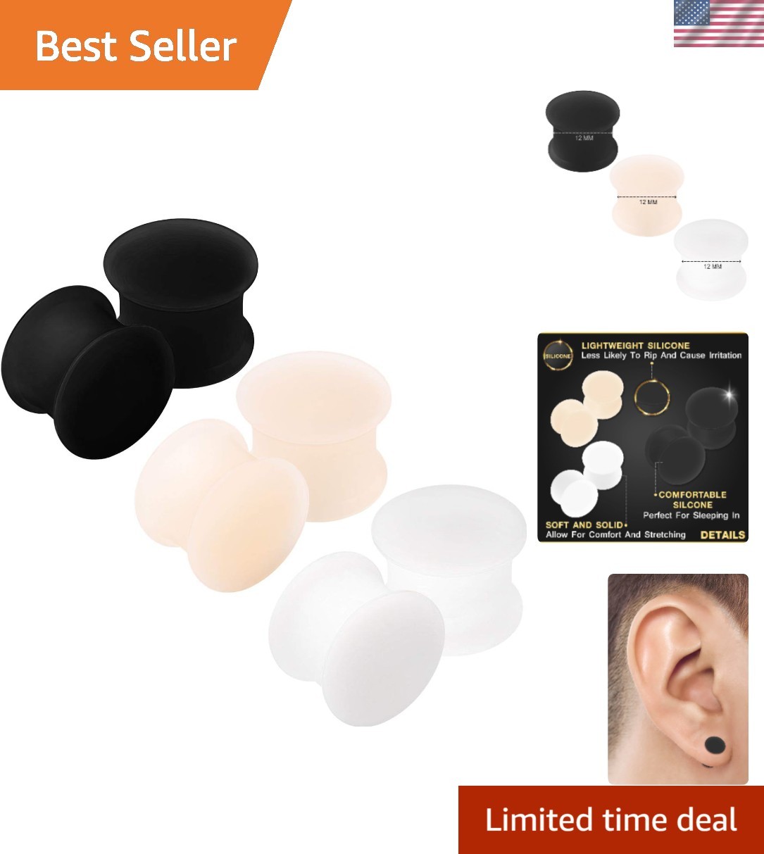 6 x Black Silicone Double Flared Ear Stretcher Expander