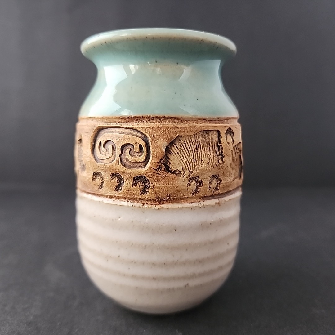 Vtg Signed 4" VASE Jar Signed Miniature Art Pottery Etched Imprinted  Blue Brown