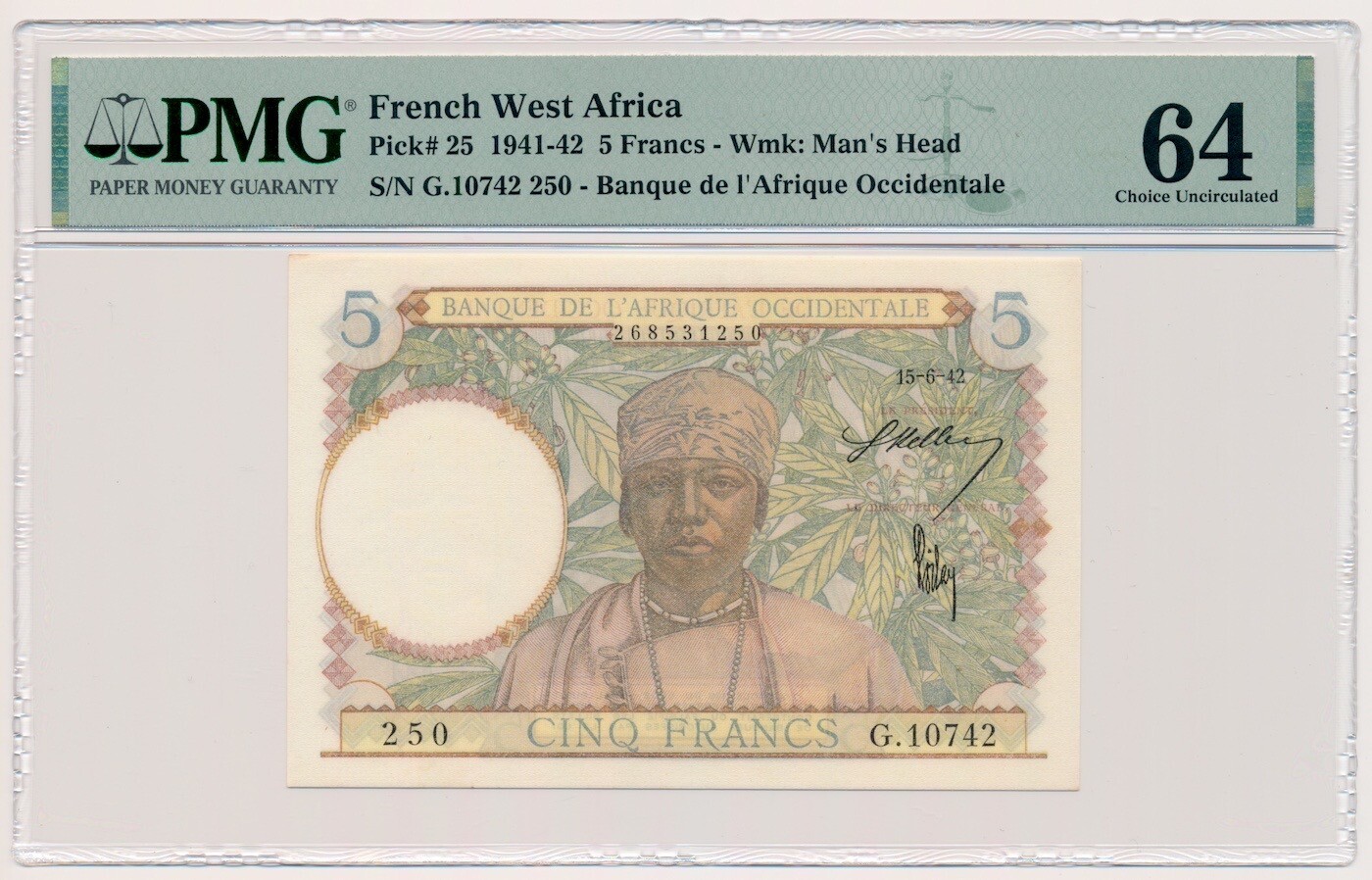 FRENCH WEST AFRICA banknote 5 Francs 15.6.1942. PMG MS 64