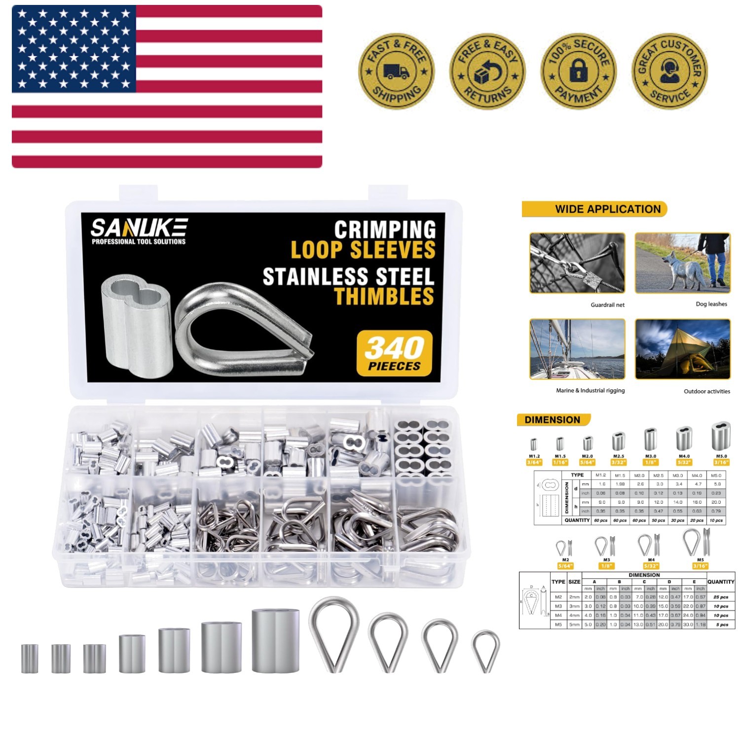 340PCS Stainless Steel Wire Rope Cable Thimbles Aluminum Crimping Loop Sleeve...