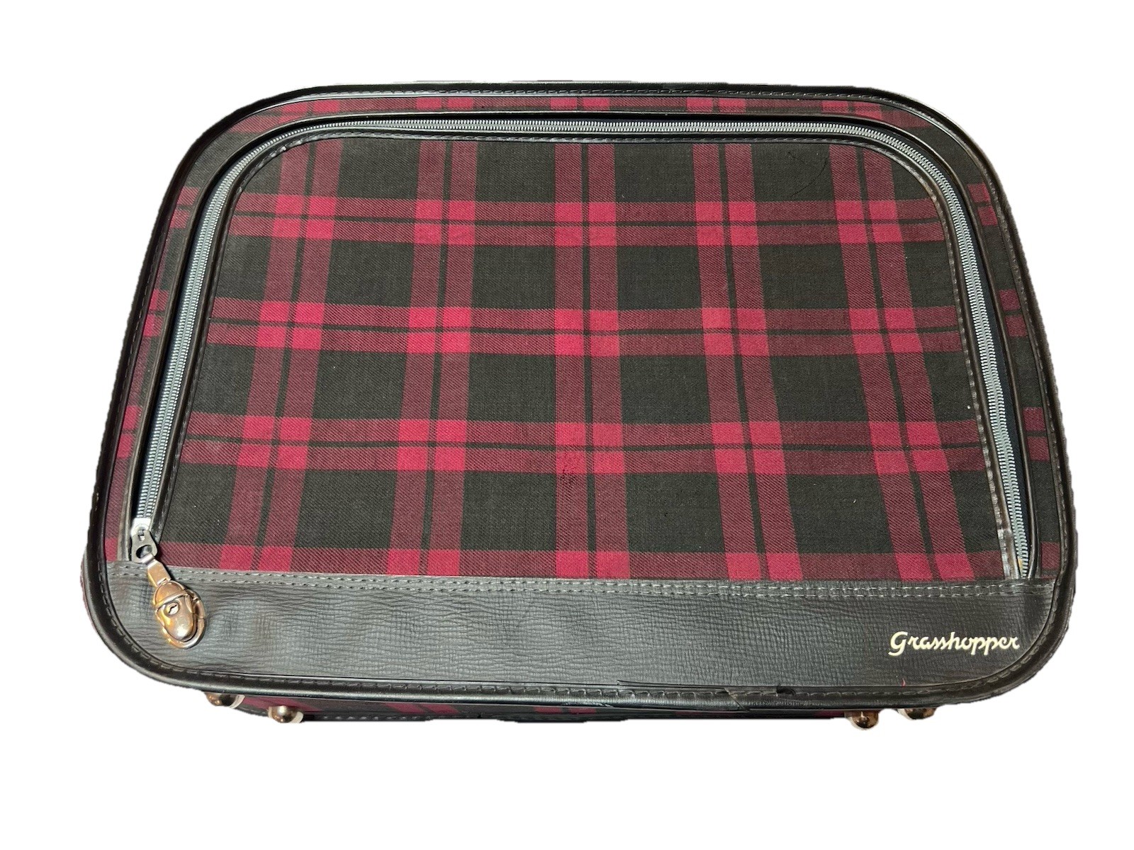 Vintage '60s Grasshopper Tartan Plaid Soft-Sided Suitcase Red 21 x 15.5 x 5.5