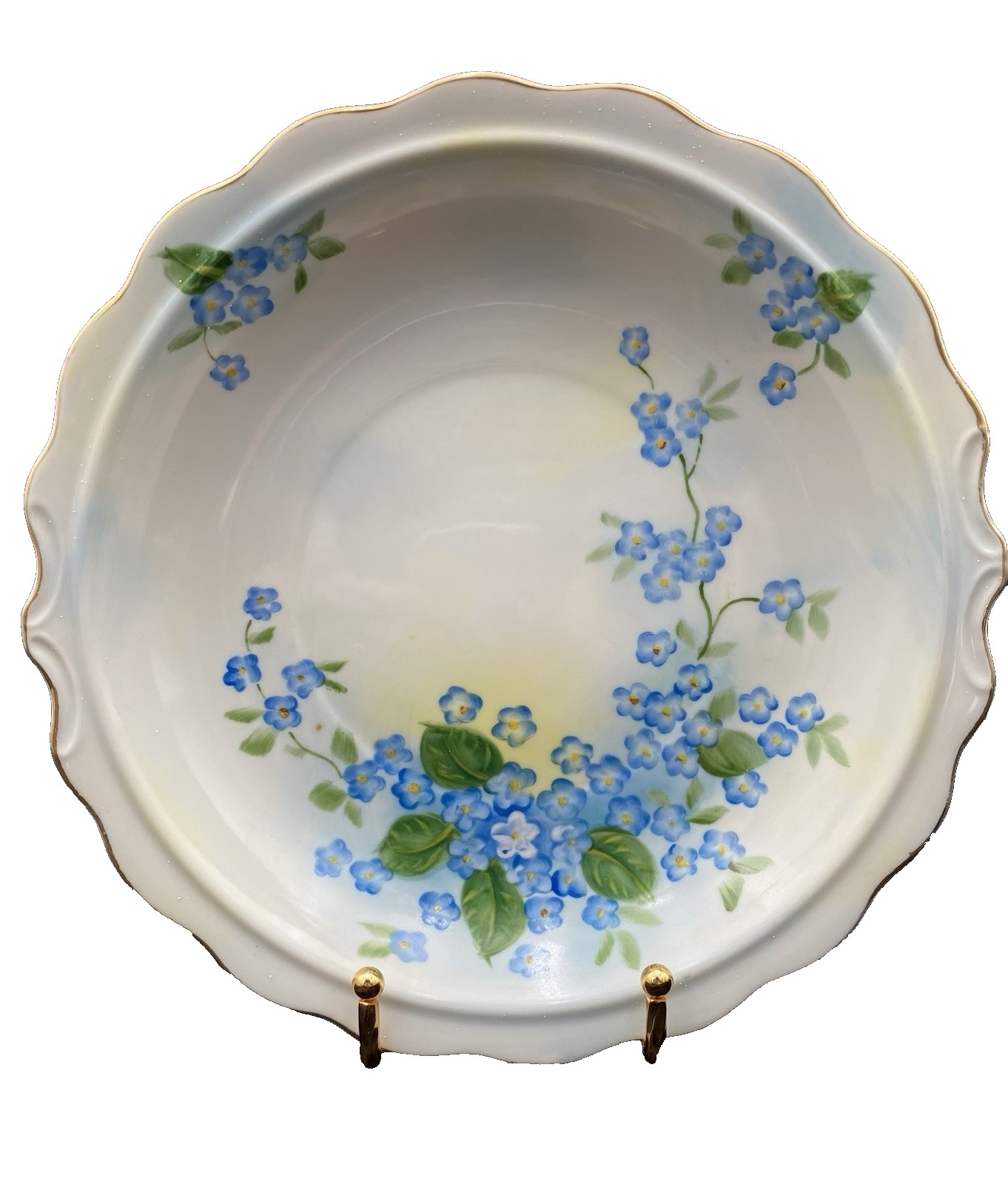 MCM Lefton Porcelain Bowl, 9.5", Hand-Painted Blue Forget-Me-Nots w/Gold, SL4190