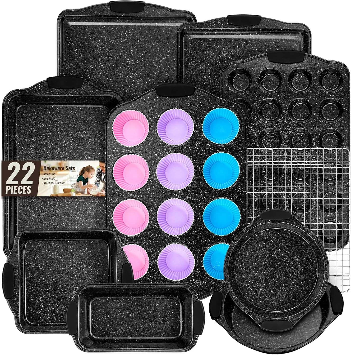 Baking Pans Set Nonstick, Bakeware Sets Stackable with Silicone Handles,  22 Pie