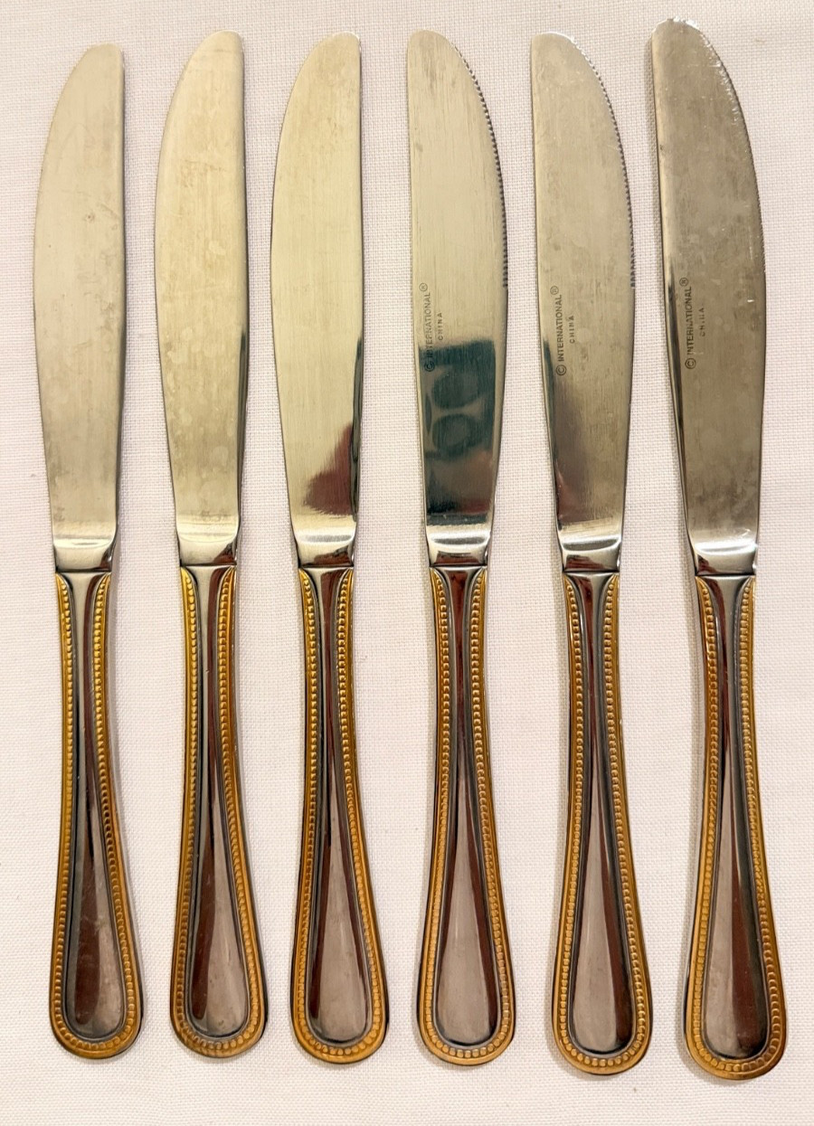 Set of 6 International Royal Gold Bead Dinner Knives Beaded Accents 8.5” FR SHP