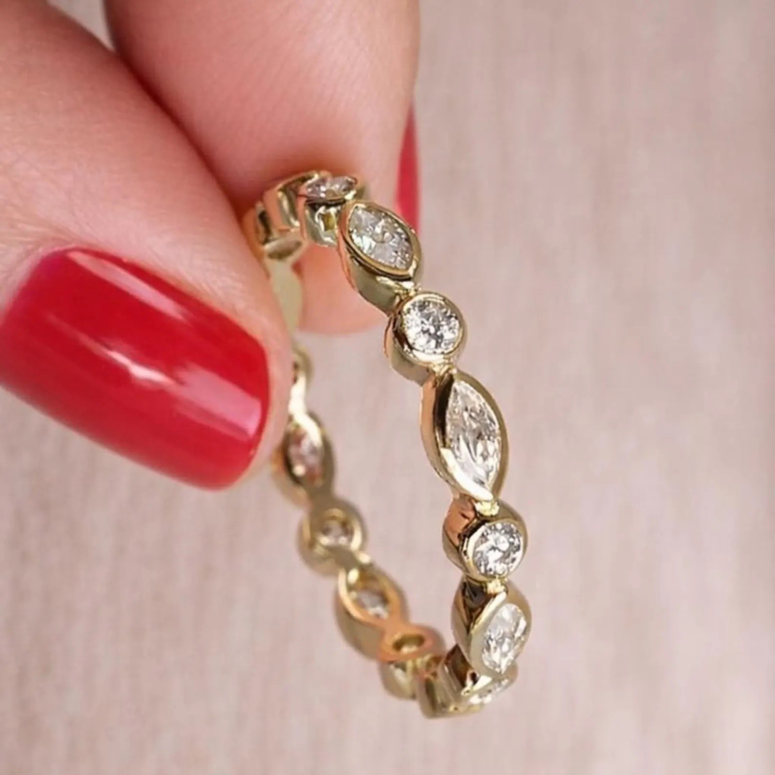 Bezel Set Marquise and Round Cut Simulated Diamond Full Eternity Wedding Band