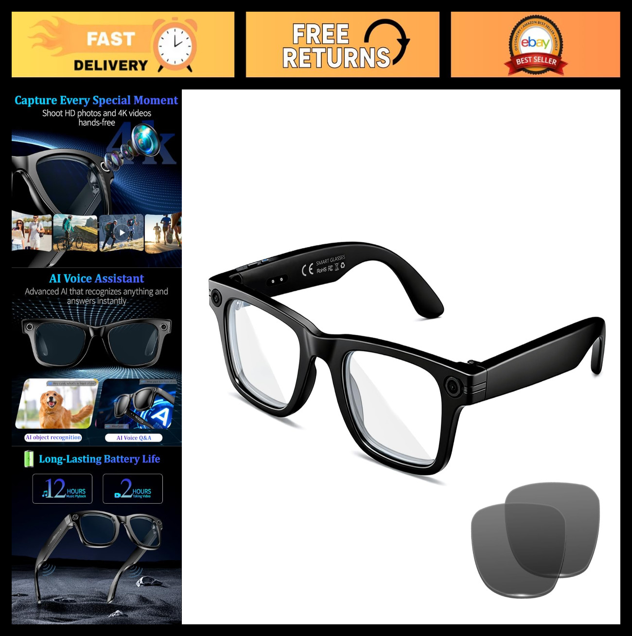 AI Smart Glasses 8MP Camera 4K Video Bluetooth Audio Voice Assistant Translation