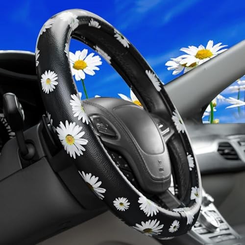  Leather Flowers Car Steering Wheel Cover, Fashion Floral Steering Black White
