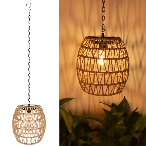  Hanging Solar Lanterns Outdoor Waterproof, Natural Seeweed Rattan Style 2