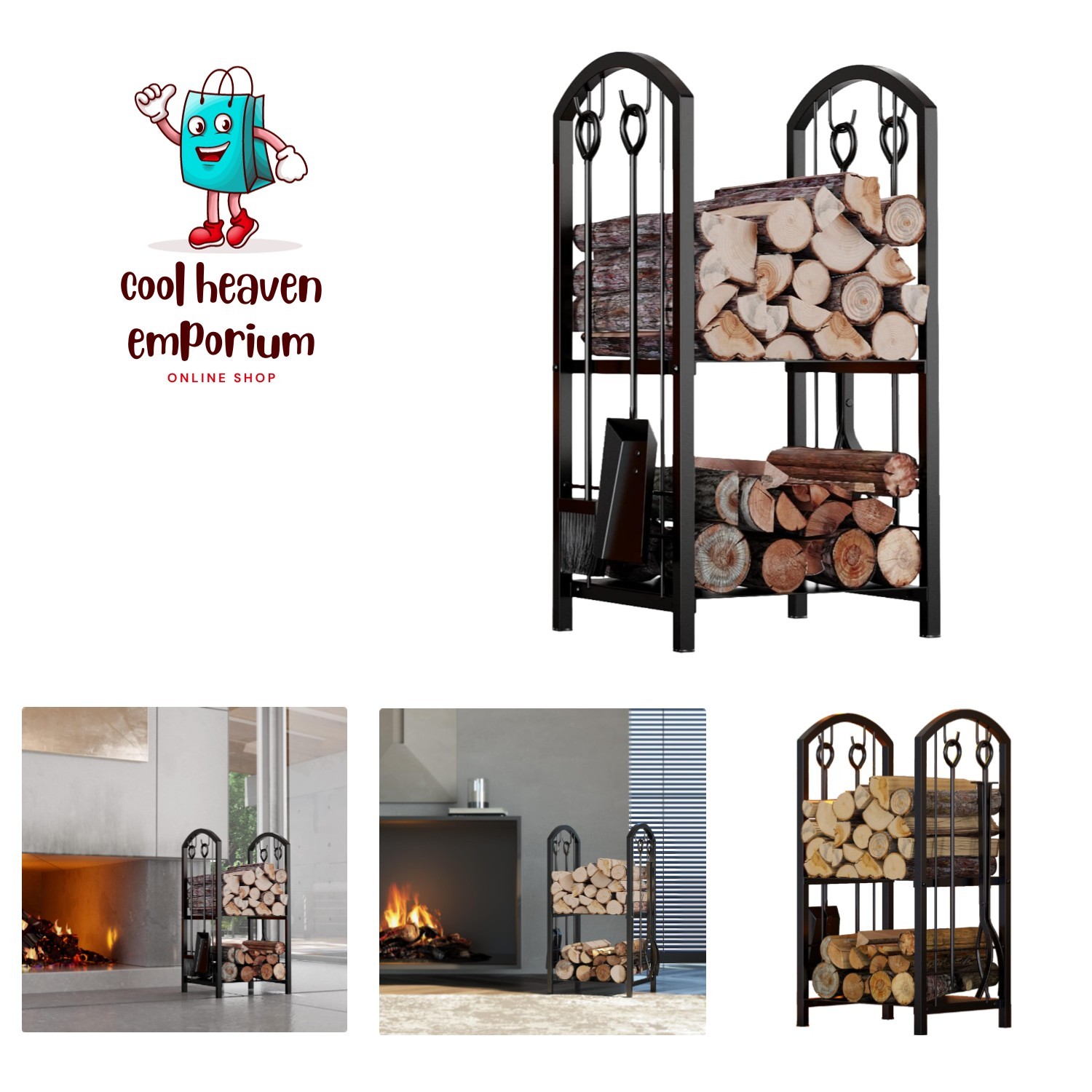 Elegant 5-Piece Wrought Iron Firewood Log Rack with 4 Tools - Black Finish